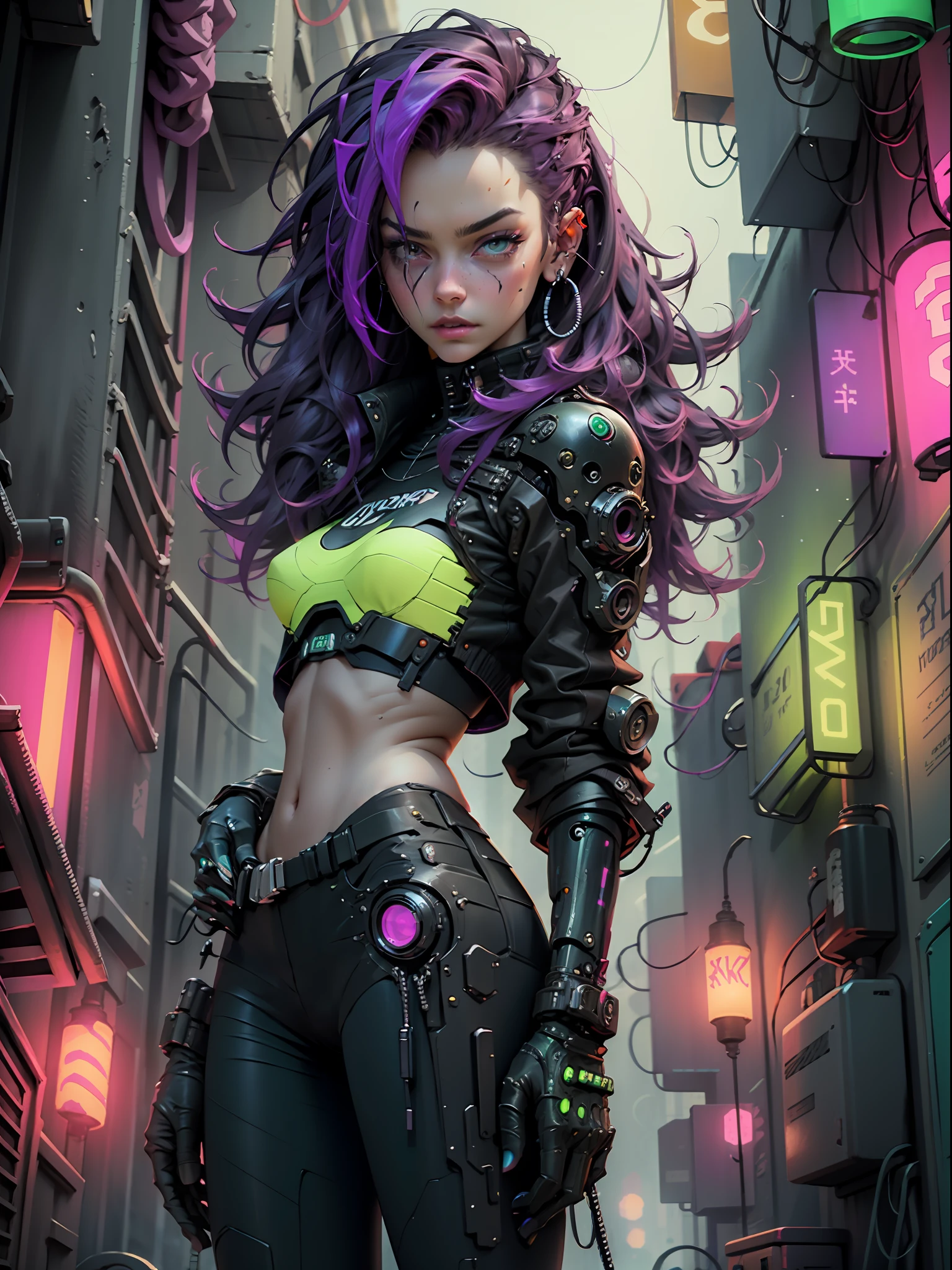 dark magenta wildly hair, Woman, cybernetic body parts, black and green clothes, cyberpunk city, night