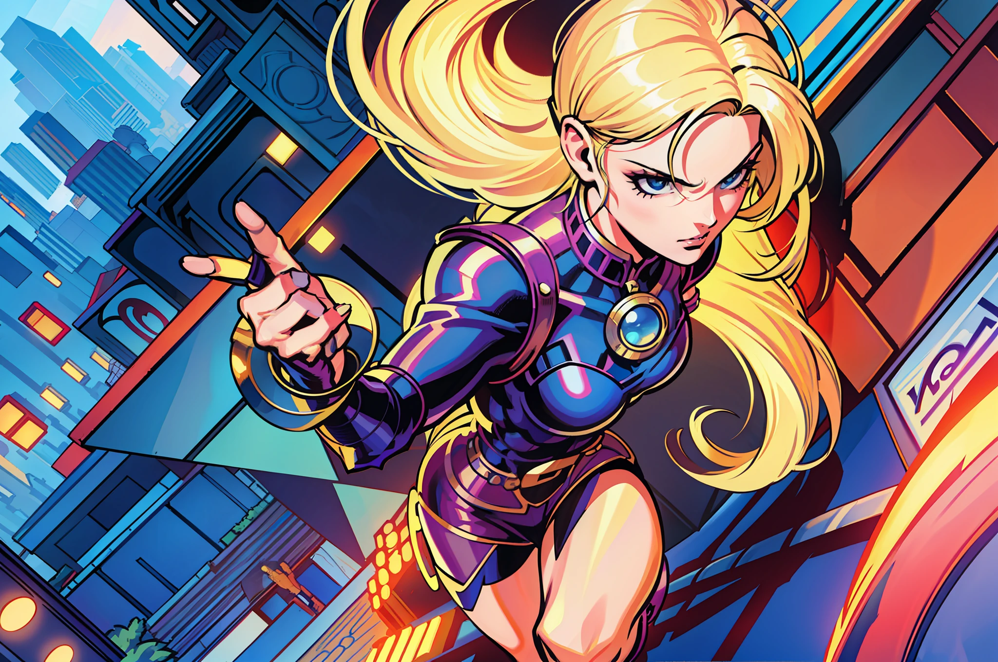 (a blonde heroine landing on a busy street:1 mulher nua.2), (alta qualidade, super detalhado, com a marca de Stan Lee, Jim Lee e Joe Bennet), Super Fantasias-Blue and white trademarked hero, (, um olhar destemido), (Quadrinhos de League of legends estilo),com um pano de fundo de cidade moderna, (ruas movimentadas, tall buildings, ).