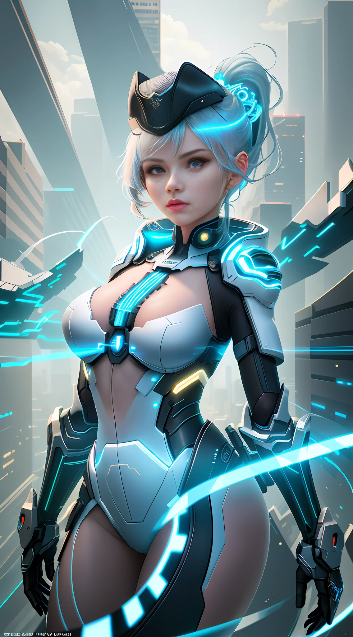 (zh-CN)

(extremely detailed CG unity 8k wallpaper, masterpiece, best quality, ultra-detailed),(best illumination, best shadow, an extremely delicate and beautiful), floating,

[(dynamic angle,(1 girl),mechanical beauty,metallic texture, hat, digital eyes, sleek ponytail,bionic arm, light blue skin, complex machinery, detailed background):1.2],

[mixture color, glitch effects, art deco, cityscape, advanced technology, high contrast, neon lights, dark atmosphere, sci-fi, future]:0.8