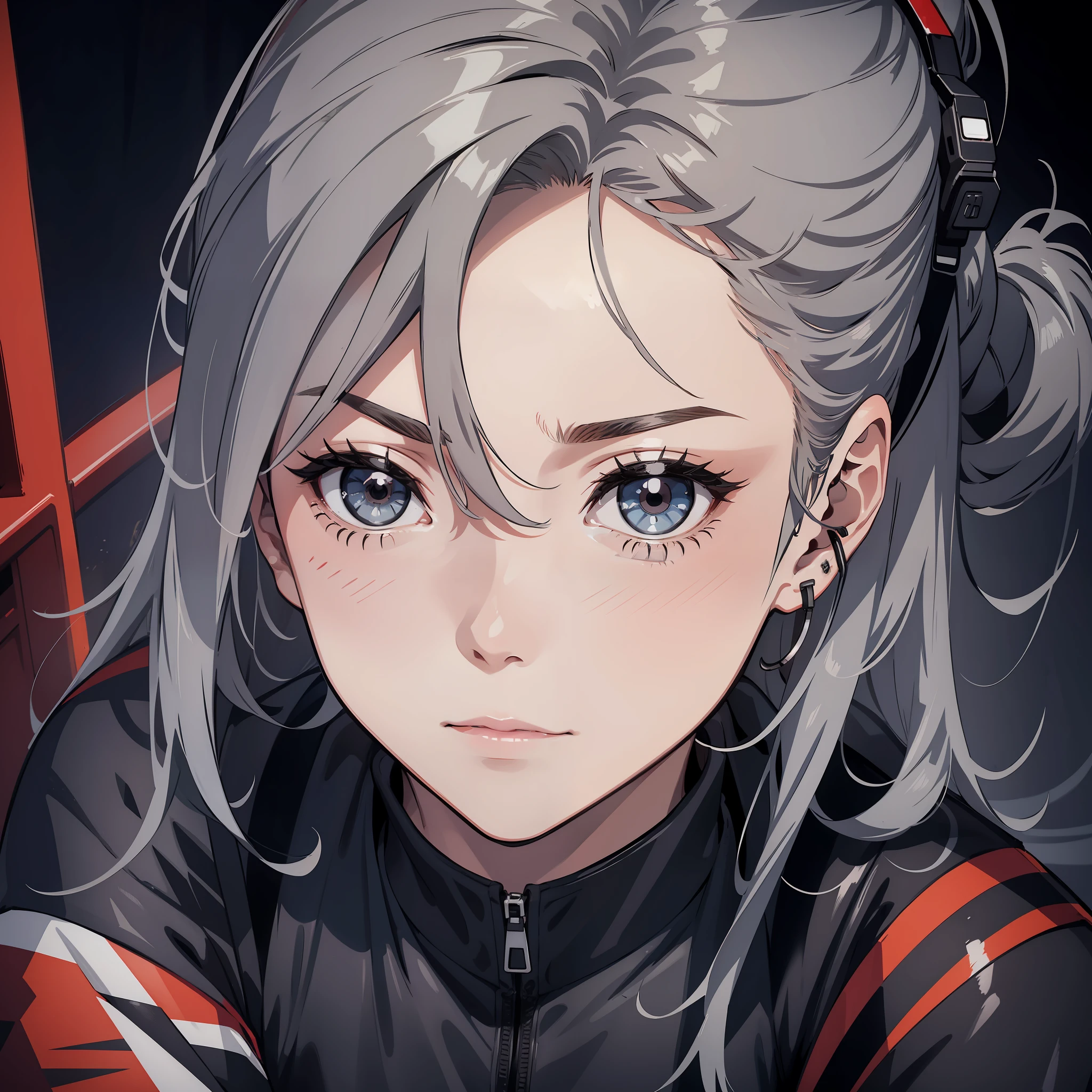 (A woman), sitting in a helicopter, black ponytail, gray suit, earpiece, terrified face, girl front line, blood, front close-up, Upper Body, night、,