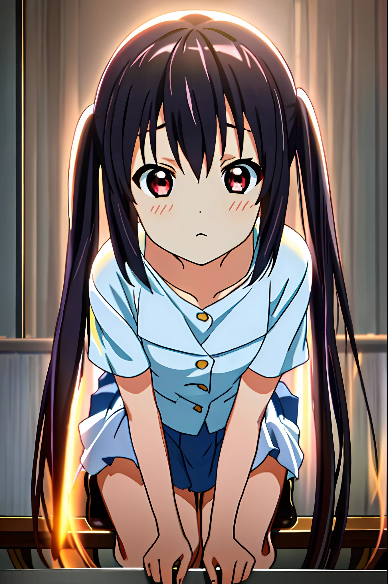 1girl, (((Masterpieces))), maximum quality, maximum quality, High Detail, Azusa Nakano, 1girl, Sakuragaoka High School Uniform, musical instrument, Student uniforms, Twin tails, long hairs, dark black hair, brown eye, solo, reds, Dark blue blazer with thin red ribbon, Solid white buttoned shirt under blazer, illustrations, manga, soothing tones, muted color, Soft cinematic light, adobe lightroom, photolab, HDR, Complex and highly detailed、(((Depth Of Field))))。(((Masterpieces)))。(((maximum quality))).)((ultradetailed)))。(((illustrations)))。(((room,))).dynamic focus.small breasts.(((Face of sadness))).make a fist.sit.
