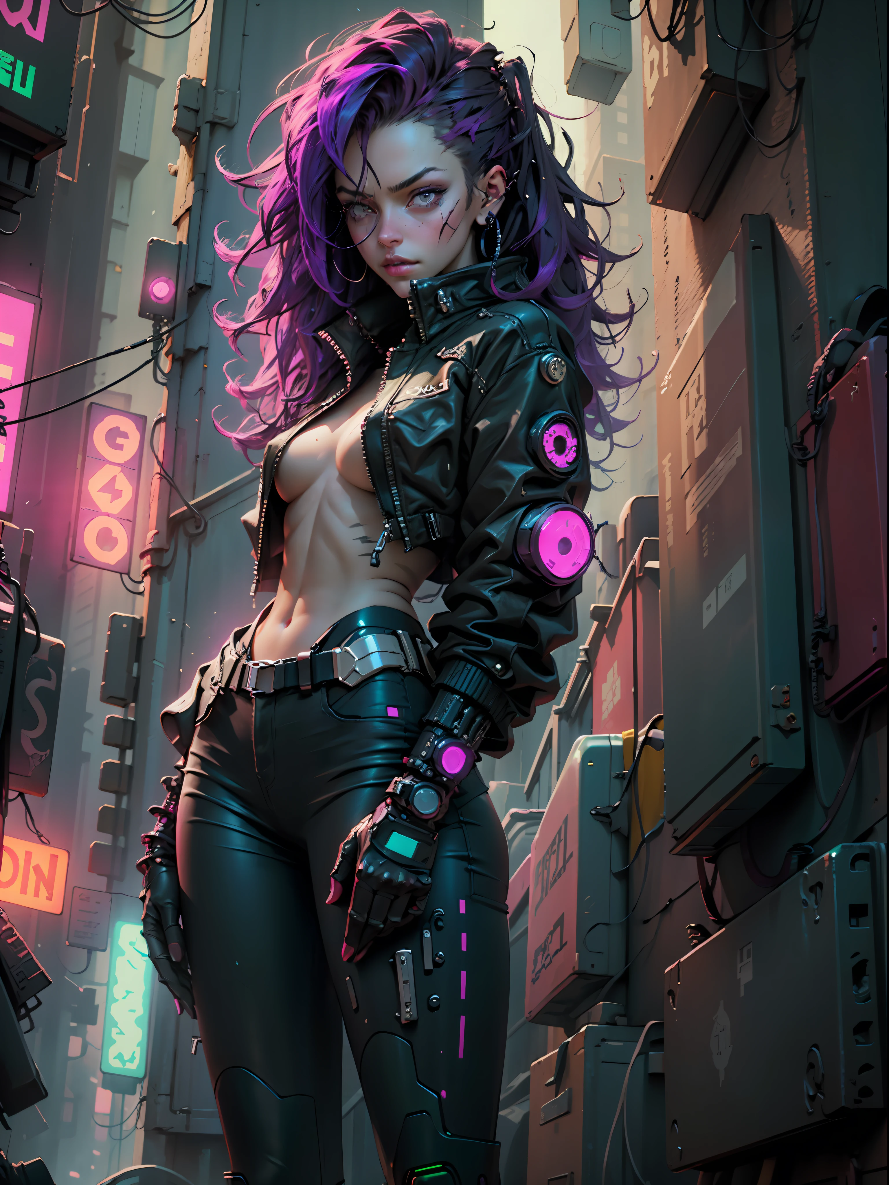 dark magenta wildly hair, Woman, cybernetic body parts, black and green clothes, cyberpunk city, night