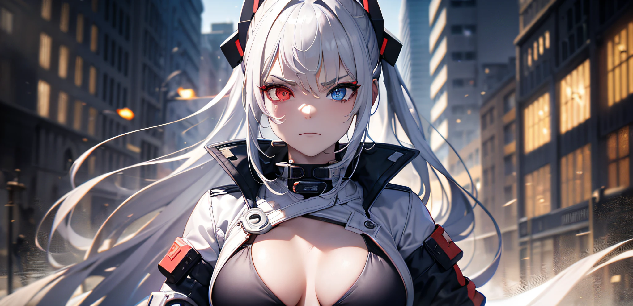(burning city in the background:1.2), blurry background, looking forward full body, silver hair, long ponytail, white jacket open, black bikini, visible abdomen, photo from the waist up, volumetric lighting, white jacket, red katana on the back, multicolored eyes, (blue and red heterochromia1.4), detailed eyes, hyper detailed, serious face, slightly irritated, highly detailed, beautiful, small details, ultra detailed, best quality, intricate, hyper-realism, sharp, digital illustration, detailed, realism, intricate, 4k, 8k, trends in the arts station, good anatomy, beautiful lighting, award-winning, photorealistic, realistic shadows, realistic lighting, beautiful lighting, raytracing, intricate details, grumpy, rule of thirds, masterpiece, (illustration: 1.1), high resolution, (extremely detailed CG, unit, wallpaper 8k: 1.1), beautiful face, highly detailed face, ultra realistic, masterpiece, bokeh, extremely detailed, intricate, abdomen, small breasts, thin, colorful, vibrant colors, front view, small breasts, abdomen
