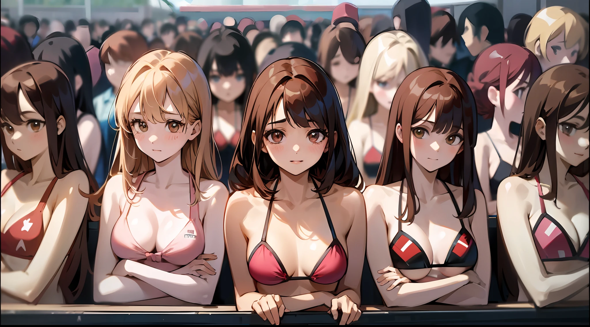 {{age female, caucasian, hundreds of girls, thousands of girls, multiple girls, only girls, crowd shot, girls shoulder to shoulder}}, looking at viewer, hazel eyes, extremely detailed, brown hair, blonde hair, red hair, black hair, pink bikinis, matching bikinis, identical bikinis, crowd of girls, happy, best quality, high quality, extremely detailed anime screencap