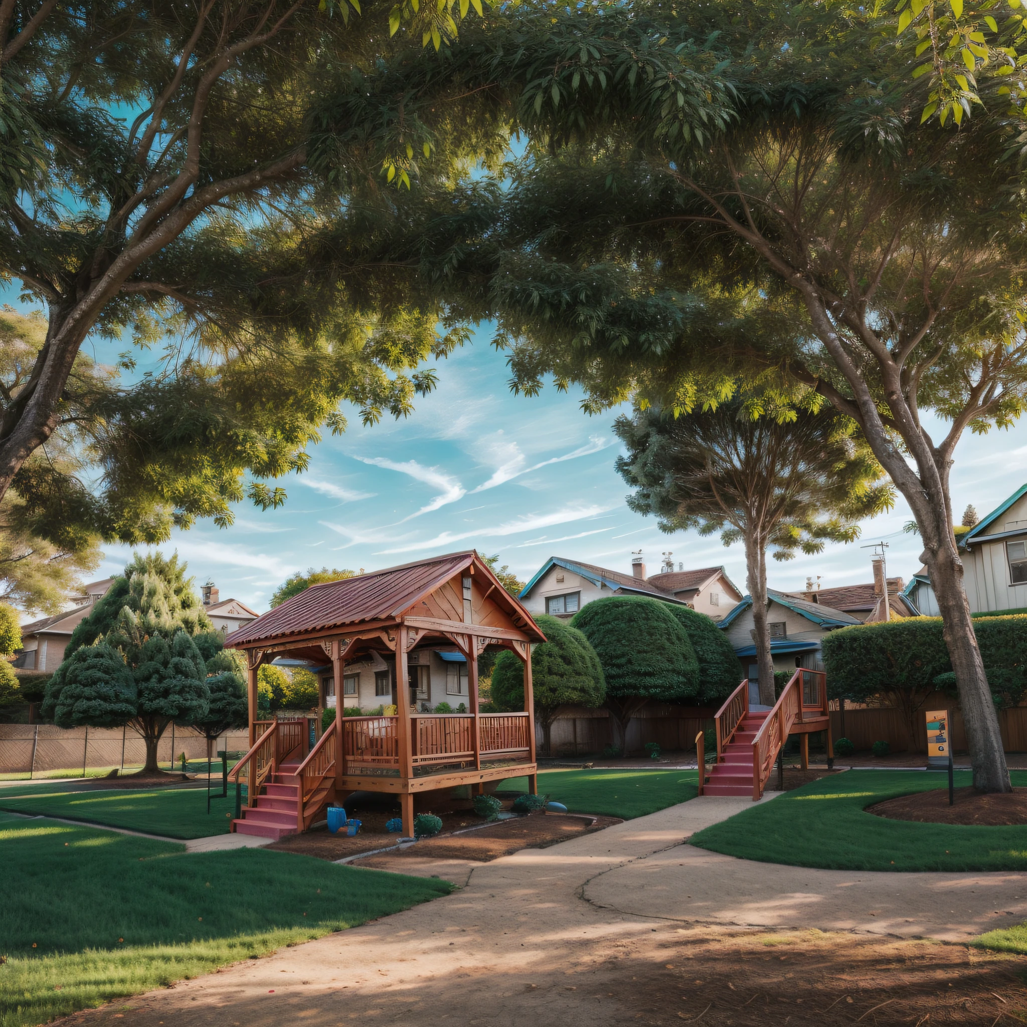 In a vibrant neighborhood park, an old man sits on a bench, attentively watching over a group of children playing in the playground. His face bears the marks of wisdom and experience, and his eyes sparkle with kindness. The children's laughter fills the air as they swing, slide, and run around. The environment is filled with lush green grass, colorful playground equipment, and towering trees providing shade. The atmosphere is warm and nostalgic, radiating a sense of community and care. The style is a heartwarming illustration, capturing the old man's serene presence and the joyful energy of the children. --ar 16:9 --v illustration, warm and vibrant colors.