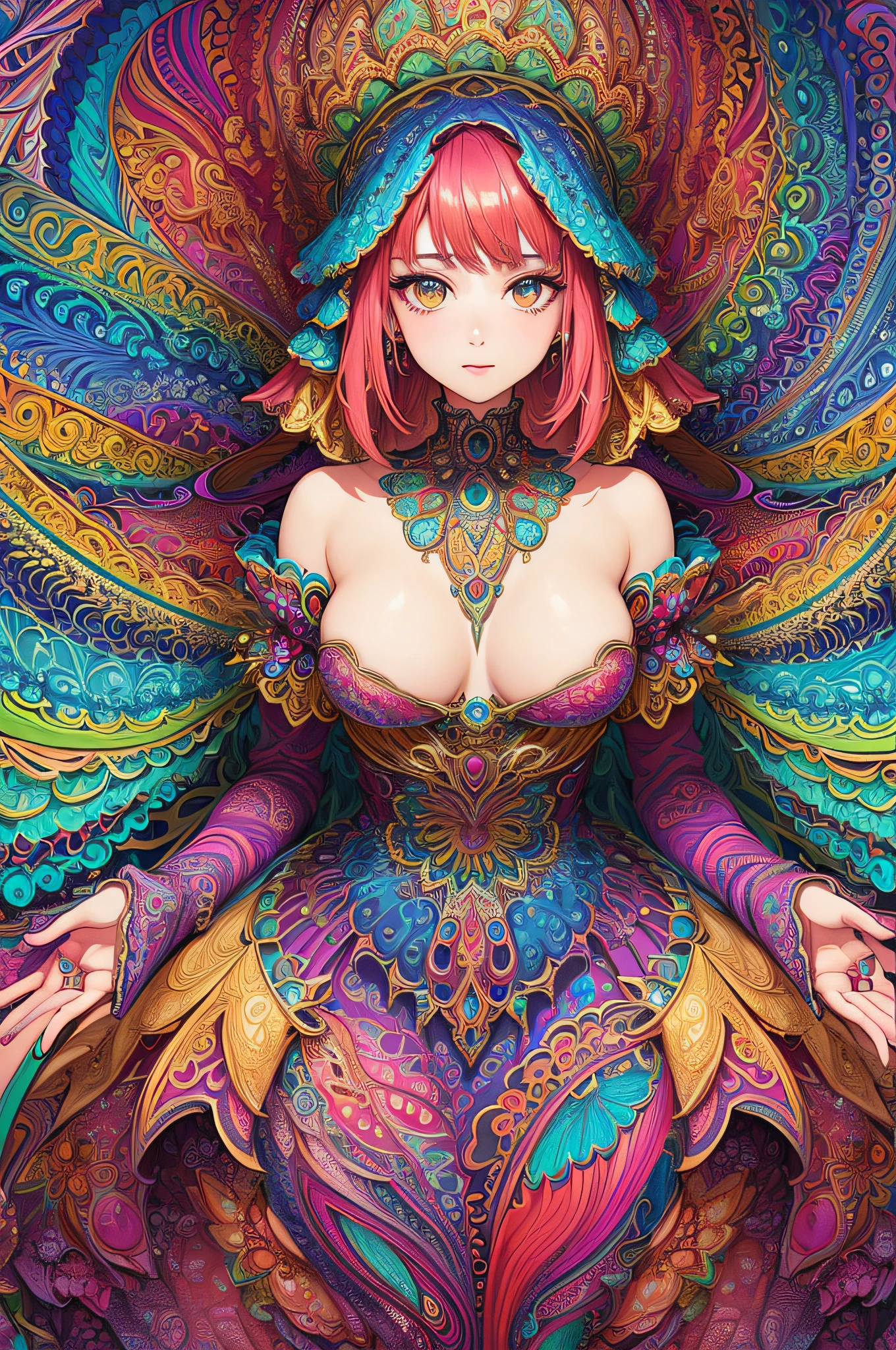 (masterpiece, top quality, best quality, official art, beautiful and aesthetic:1.2), (1girl:1.3), extremely detailed,(fractal art:1.2),colorful,highest detailed,(zentangle:1.2), (dynamic pose), (abstract background:1.5), (treditional dress:1.2), (shiny skin), (many colors:1.4), upper body