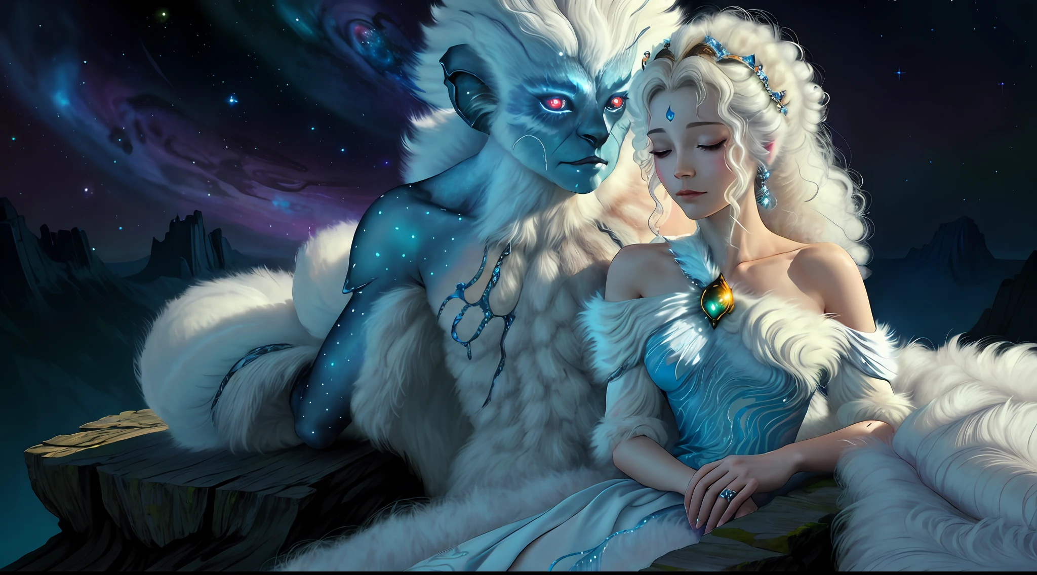 breathtaking masterpiece, best quality, highest quality, highly detailed, exquisite, award winning 8K digital painting of an ethereal and (incredibly beautiful female alien:1.4) with luminescent body parts that shimmer like stardust (lying gracefully on a steep cliff:1.2), casting a watchful gaze over (the galaxy:1.33), (a fluffy creature rests on her shoulder:1.8), intricate details, golden ratio, BaroqueAI, v0id3nergy, by Louis Royo