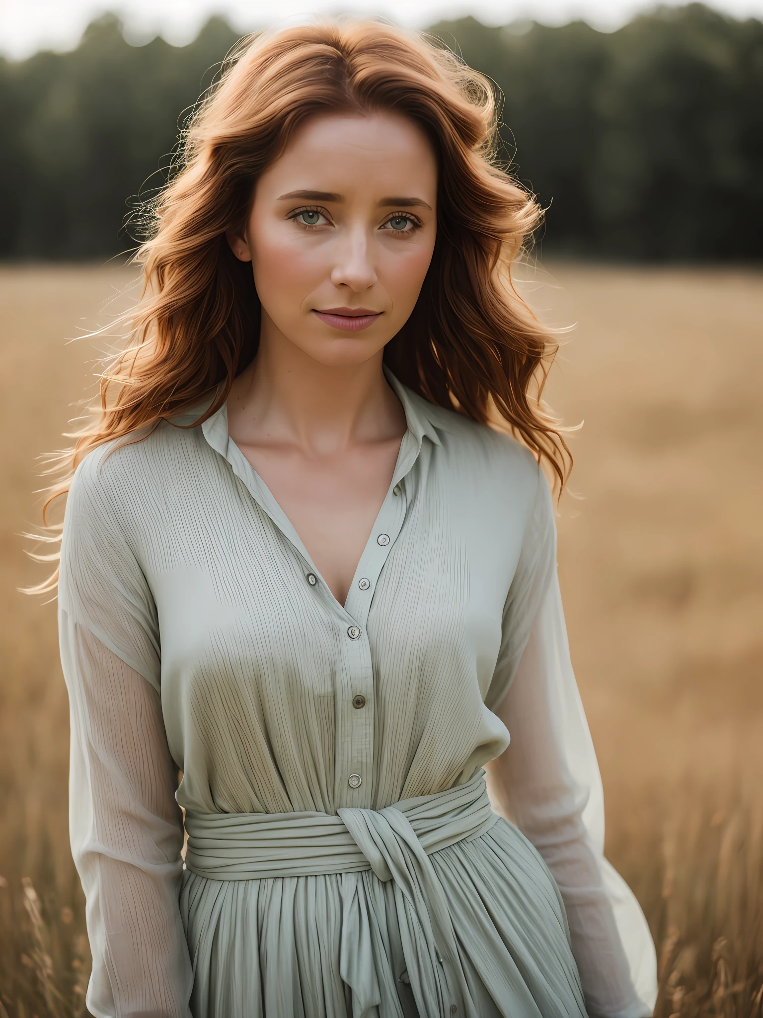 Emma Thompson ,editorial, ginger hair, ((Prairie)), natural skin texture, 24mm, 4k texture, soft cinematic light, Raw Photos, Allah, realistic, complex, elegant, Extremely Detailed, crisp focus, ((((cinematic look)), soothing tones, crazy detail, complex detail, ultra detail, low contrast, soft cinematic light, dark color, exposure blending, HDR, faded,waist shoot