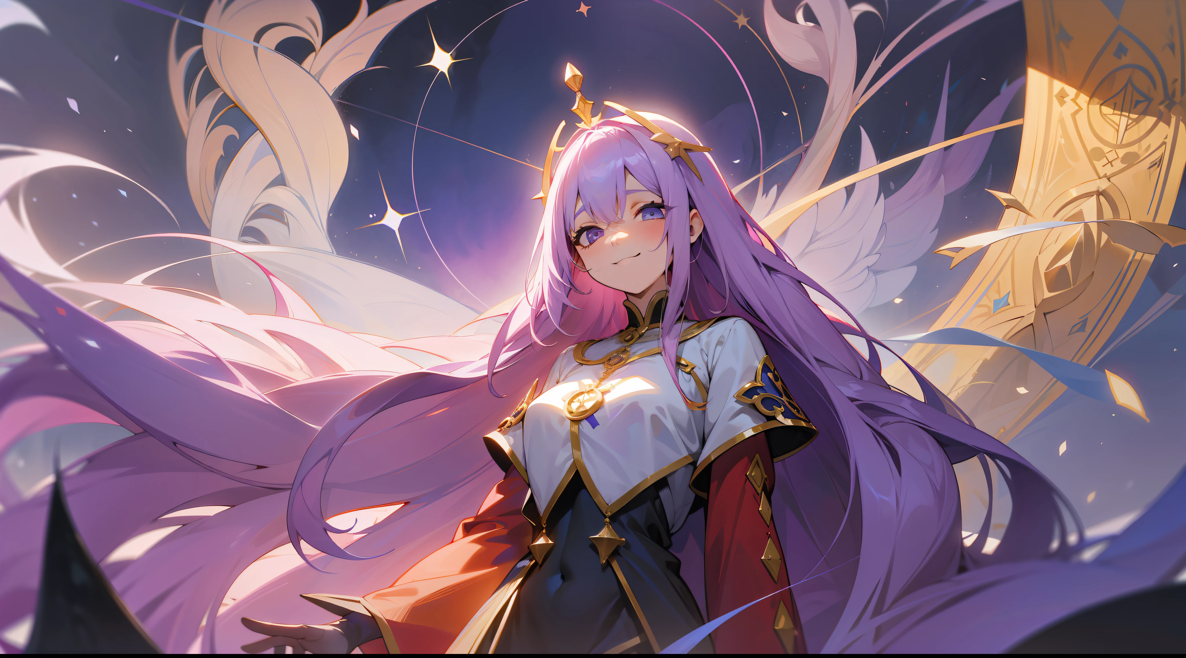 uma maga elfa, long lilac hair, olhos lilases, seios grandes, coxas expostas, corpo inteiro, confiante, postura heroica, sorrindo, manto, fantasia, medieval, raios de sol, magia