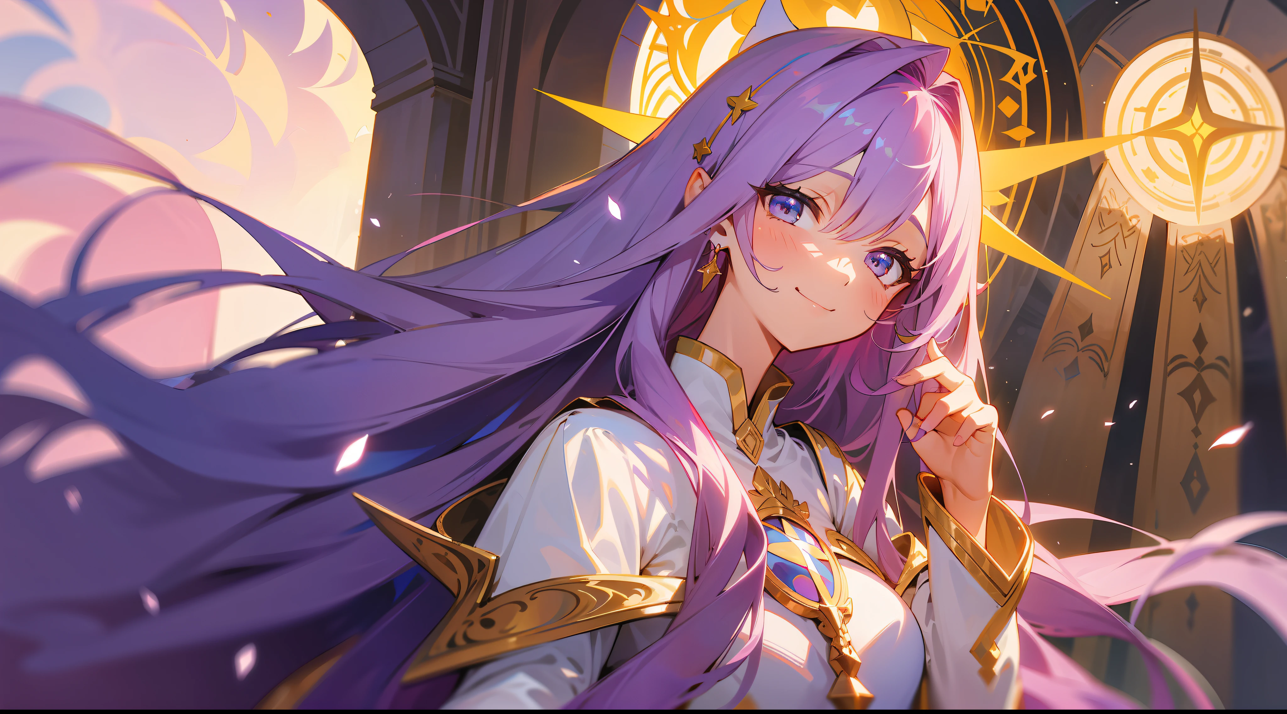 uma maga elfa, long lilac hair, olhos lilases, seios grandes, coxas expostas, corpo inteiro, confiante, postura heroica, sorrindo, manto, fantasia, medieval, raios de sol, magia