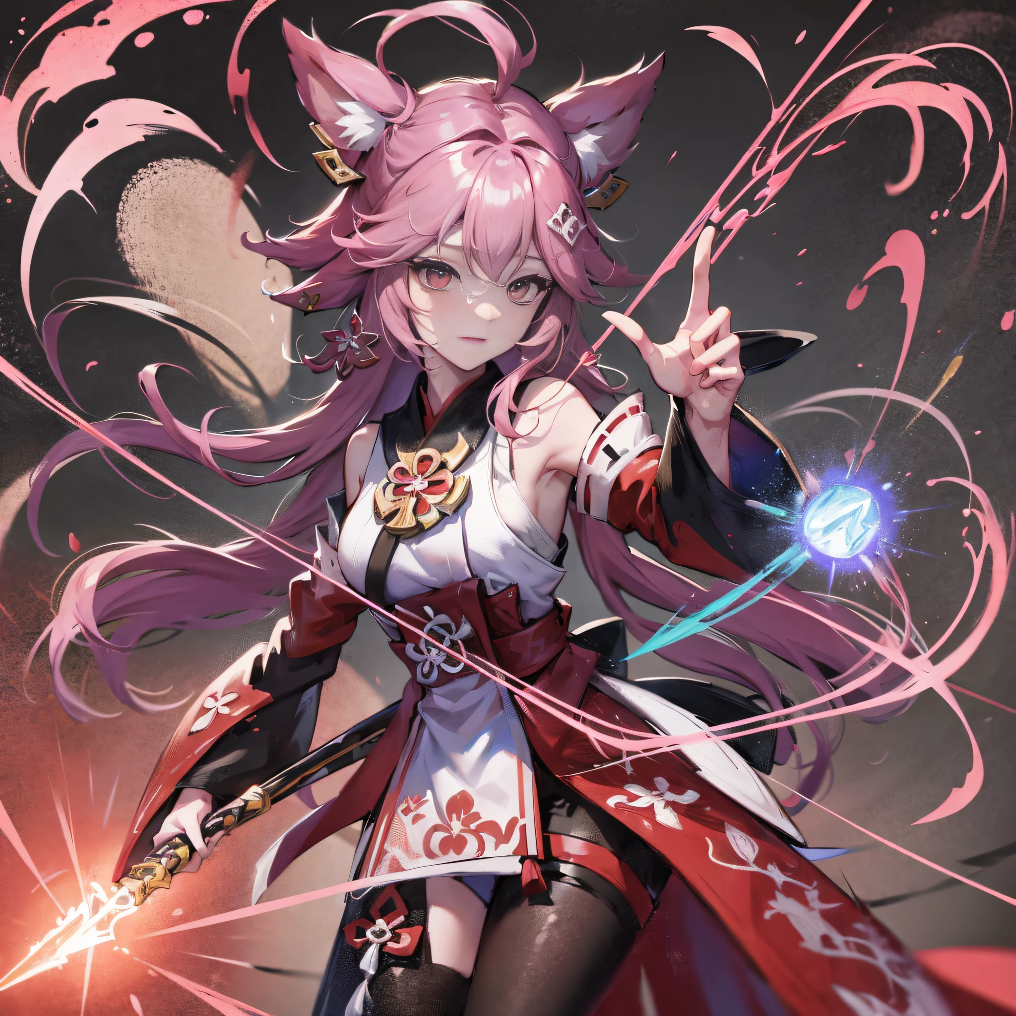 yae miko，Wield a long whip，Lightning effects，8K ultra-high image quality，Uju