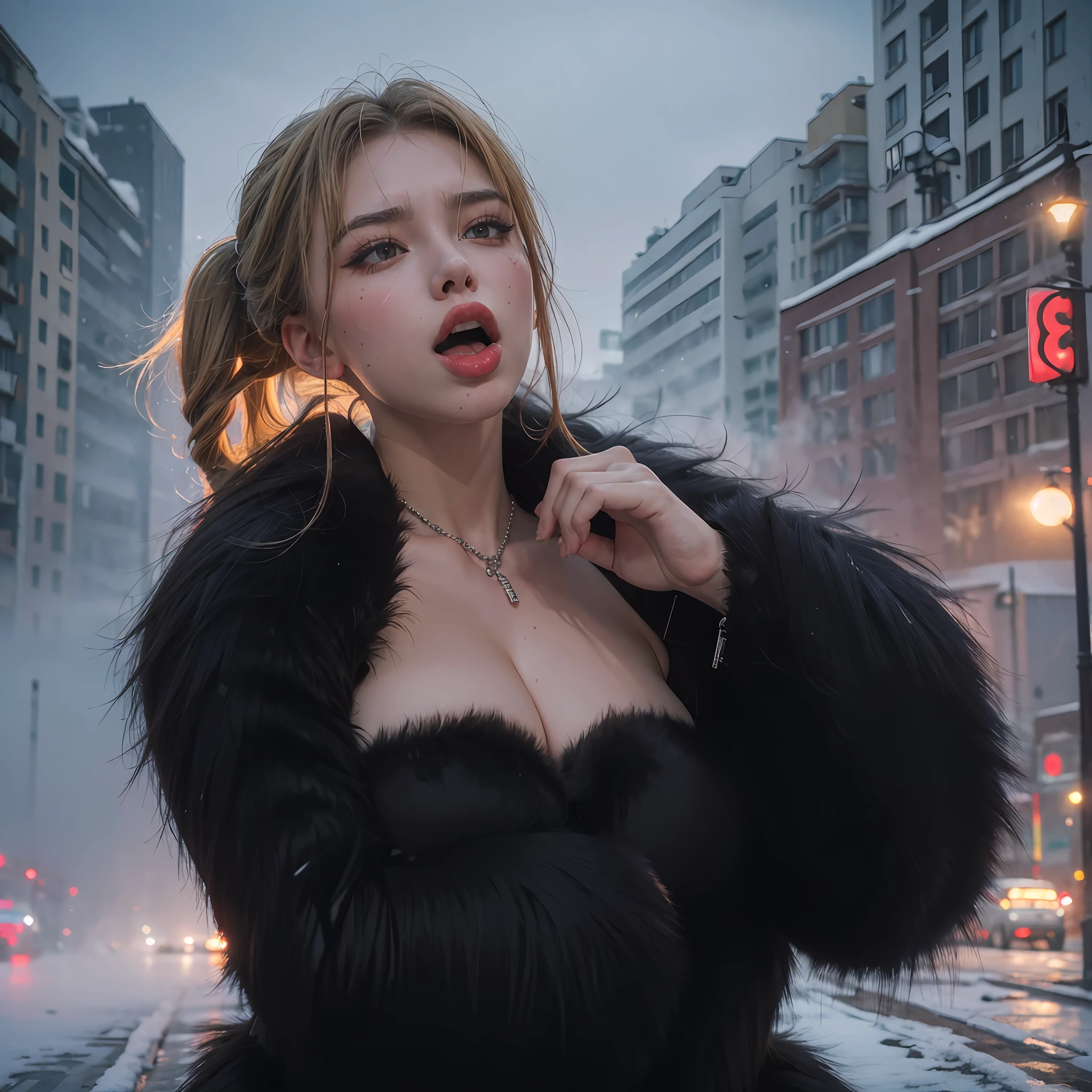 1 Scarlett from the USSR，((ahegao，heavy breathing,mist，Open your mouth to exhale mist))，squatting，Street on the outskirts of Moscow，Fur coat，winter，snowing，neon lamp，Out in the boondocks，close-up of the upper body