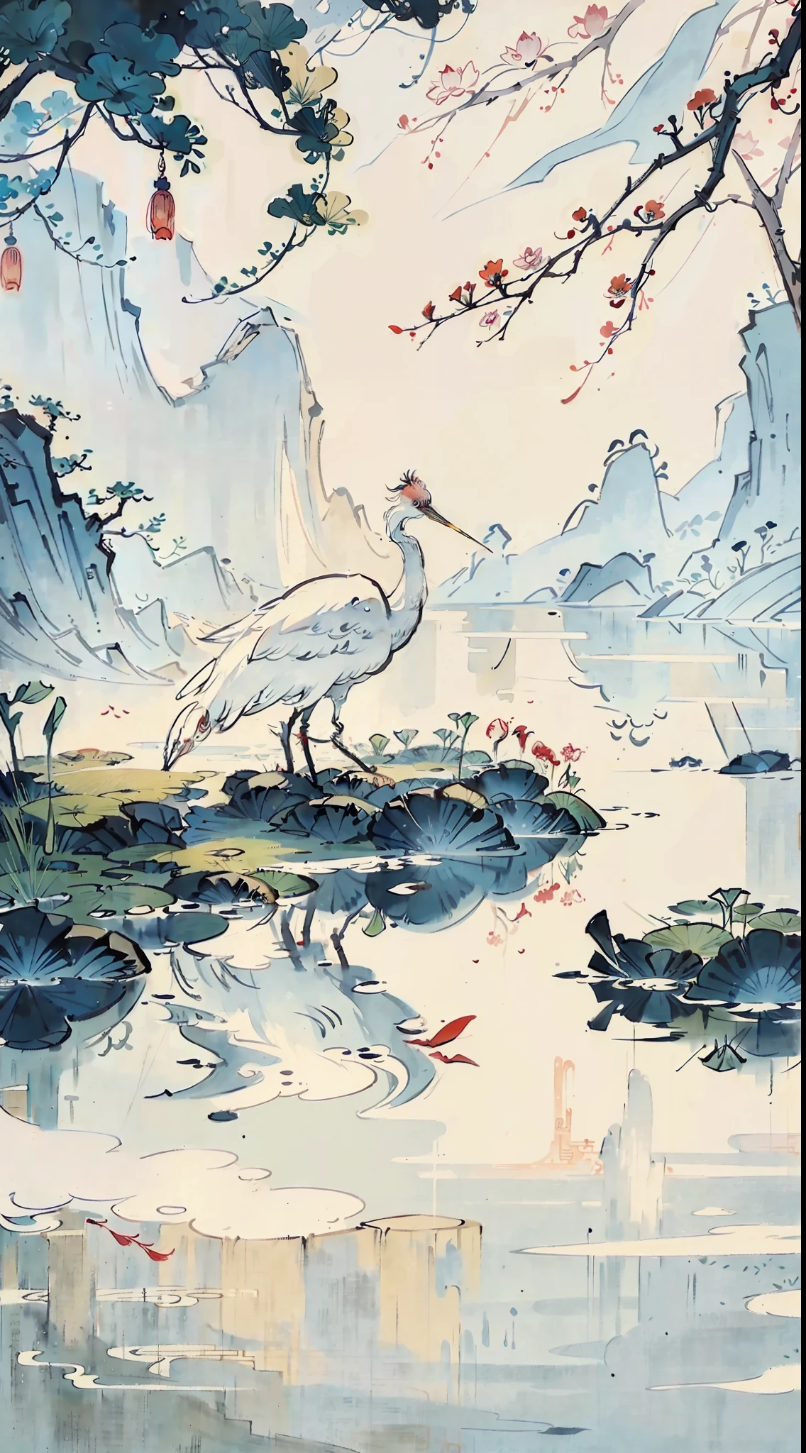 White crane painting in lotus pond, Chinese brush illustration, Chinese painting style, Chinese traditional painting, Chinese traditional ink painting, Chinese style painting, Chinese watercolor style, Chinese ink painting, beautiful artwork illustration, inspired by Xiao Yuncong, Chinese traditional art, Chinese painting, Zhongyuan Festival, inspired by Wang Yuanqi