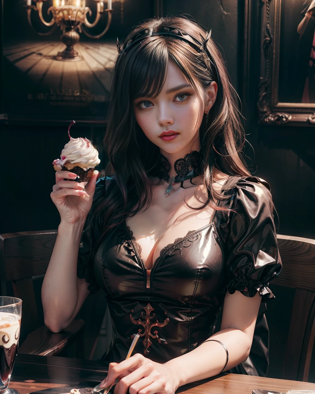 Lucifer in a long while dress eating a black cherry ice cream and cone, the ice cream is melting, ultra detailed, highly detailed scenario, photorealistic, intricate, masterpiece, UHD, HDR, symmetric, coherent, epic detail, stunning, beautiful, ,lumen render ,lumen path tracing ,path tracing light ,path tracing shadow ,path tracing special fx,