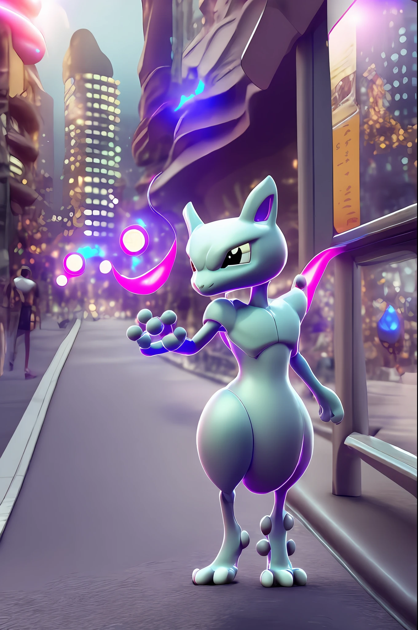 Mewtwo、A pokémon_creature、Non-a human、a smiling look、Anthropomorphism、lifelike、3D、tmra、Game Ticker、Walking around the city、