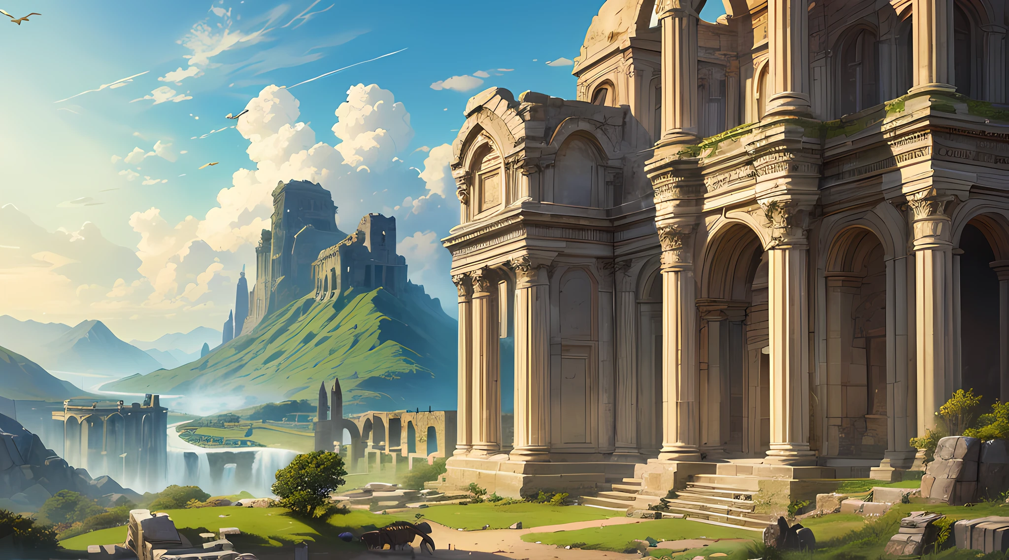 (Masterpiece, Highest Quality, Best Quality, Official Art, Aesthetics :1.2), a dinasour, intricate details, landscape, ancient ruins background, detailed