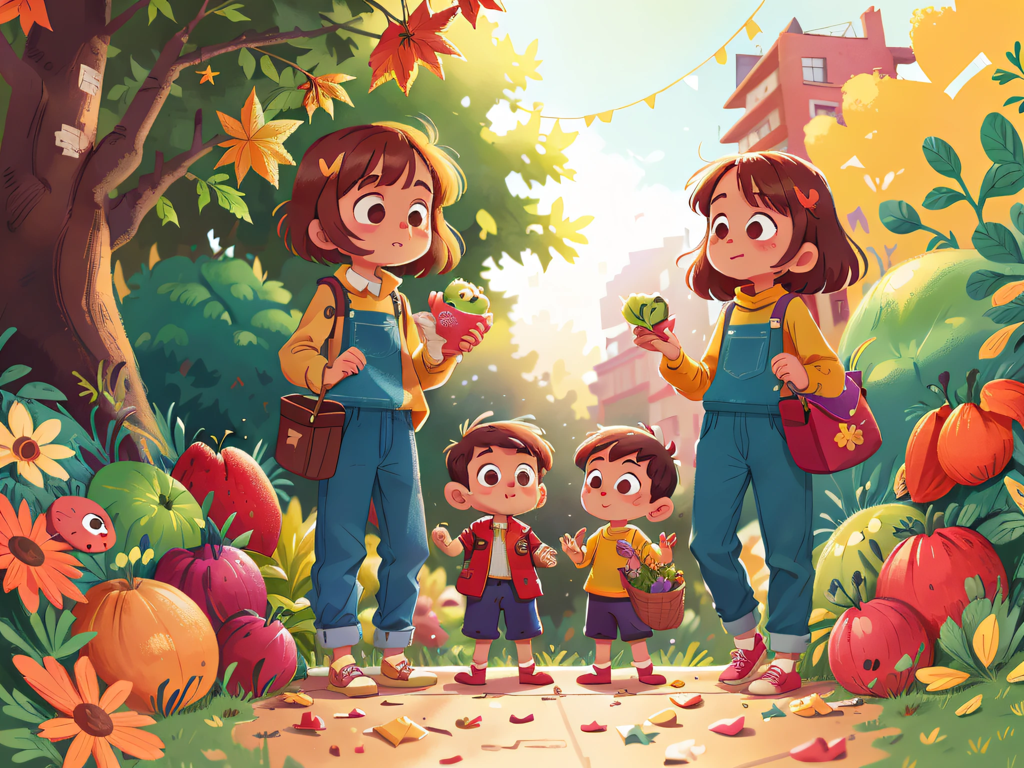 One autumn afternoon, the "Pillipillias" went to the market with Mom. They helped choose fresh fruits and vegetables, learning about healthy eating and the importance of a balanced diet.