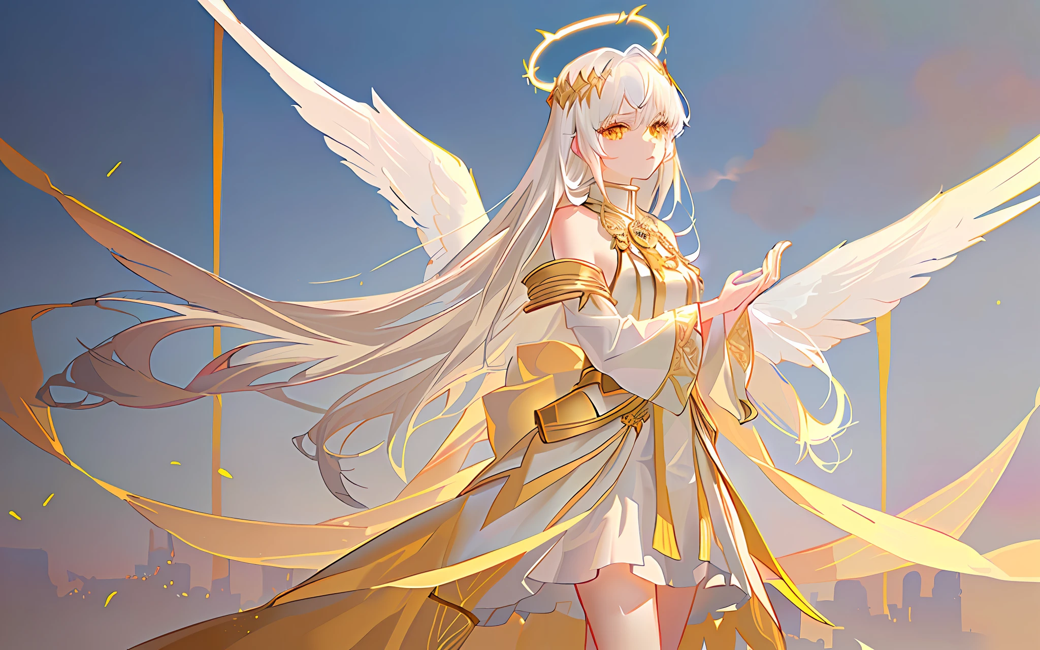 best，a masterpiece），（1girl，solo，Gold-patterned robes，Stand，Look ahead，The aura of the halo，golden wings，Put your hands together，White hair，Yellow eyes，Closed Mouth，upper half body） ，（cloudless sky，smoke，Beam，Abandoned temple background）