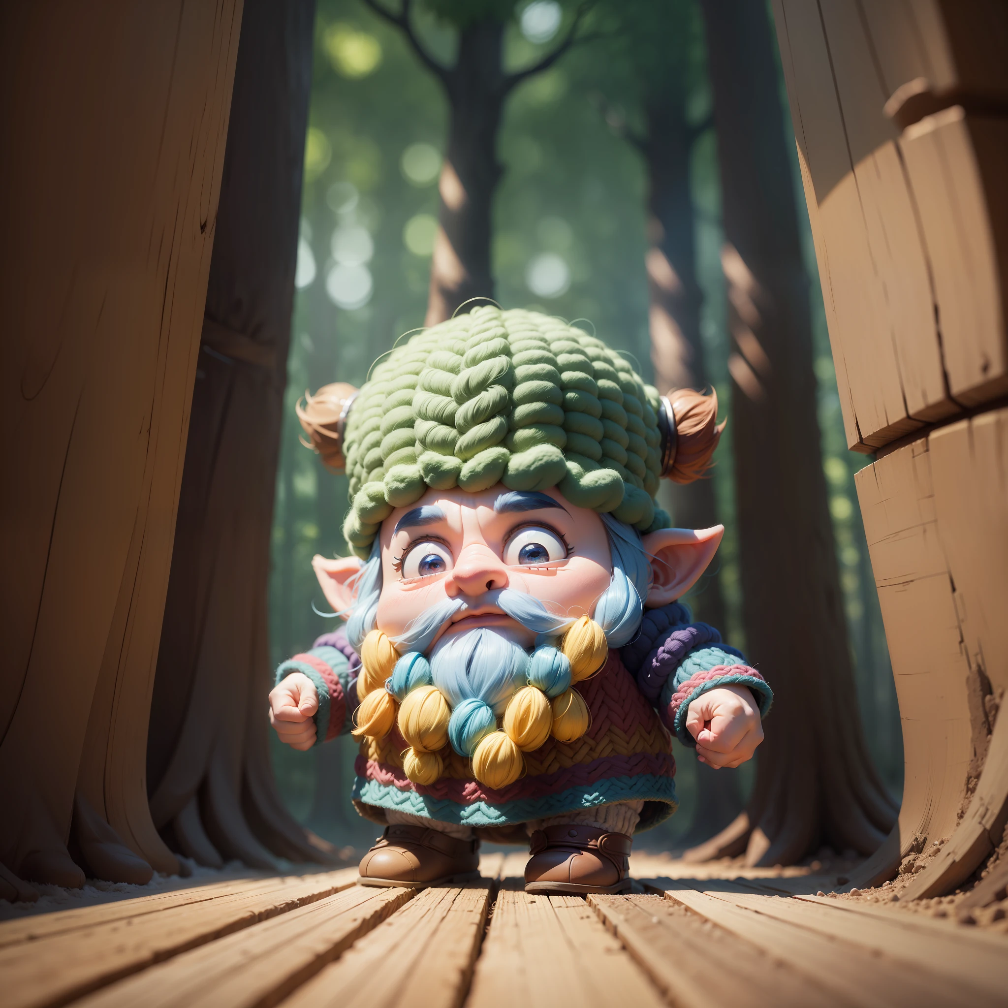 dwarf, wool texture, colorido, Pixar Animation Style, studio lighting, Set in a woolen forest with varying colors, altamente detalhada, UHD, shigh definition, 3D, realista, (corpo inteiro:1.4), dynamic lighting --auto --s2