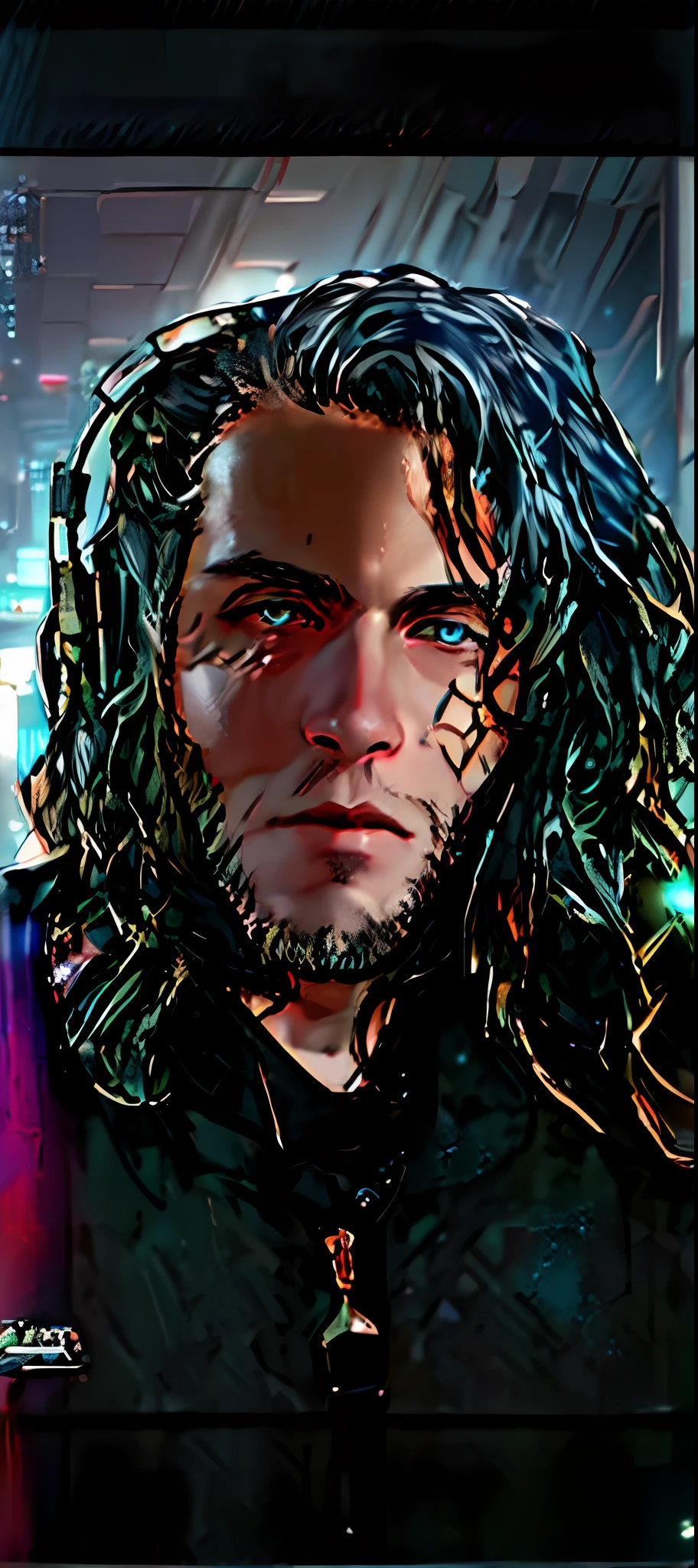 arafed man with headphones on his face and a black jacket, twitch streamer / gamer ludwig, caleb from critical role, with long hair and piercing eyes, symmetrical face orelsan, halfbody headshot, ((detailed face)), ((detailed facial features)), (finely detailed skin), pale skin, (the megacity cyberpunk environment, neon lights, skyscrapers), ((in a dark hallway)), soft natural light, wet skin, cyberpunk megacity environment, (cool colors), damp, reflections, (masterpiece) (perfect aspect ratio), (realistic photo), (best quality), (detailed) photographed on a Canon EOS R5, 50mm lens, F/2.8, HDR, (8k) (wallpaper) (cinematic lighting) (dramatic lighting) (sharp focus) (intricate), RAW photo, RAW photo, gigachad photo, posing for camera, black jeans, arms behind, 8k uhd, dslr, high quality, film grain, Fujifilm XT3, extremely detailed, photorealistic, realistic, incredibly absurd, highly detailed, sharp focus, (Professional Studio Lighting), (Professional Color Grading), Edge Lighting, Dramatic lighting, Cinematic lighting, Lumen reflections, Soft natural lighting, Soft color, Photon mapping, Radiosity, (Beautiful eyes), (Detailed eyes), (Detailed face), symmetrical eyes, sharp eyes, cold face, full body), (HIGH LEVEL OF DETAIL), (wet, oil-lubricated)