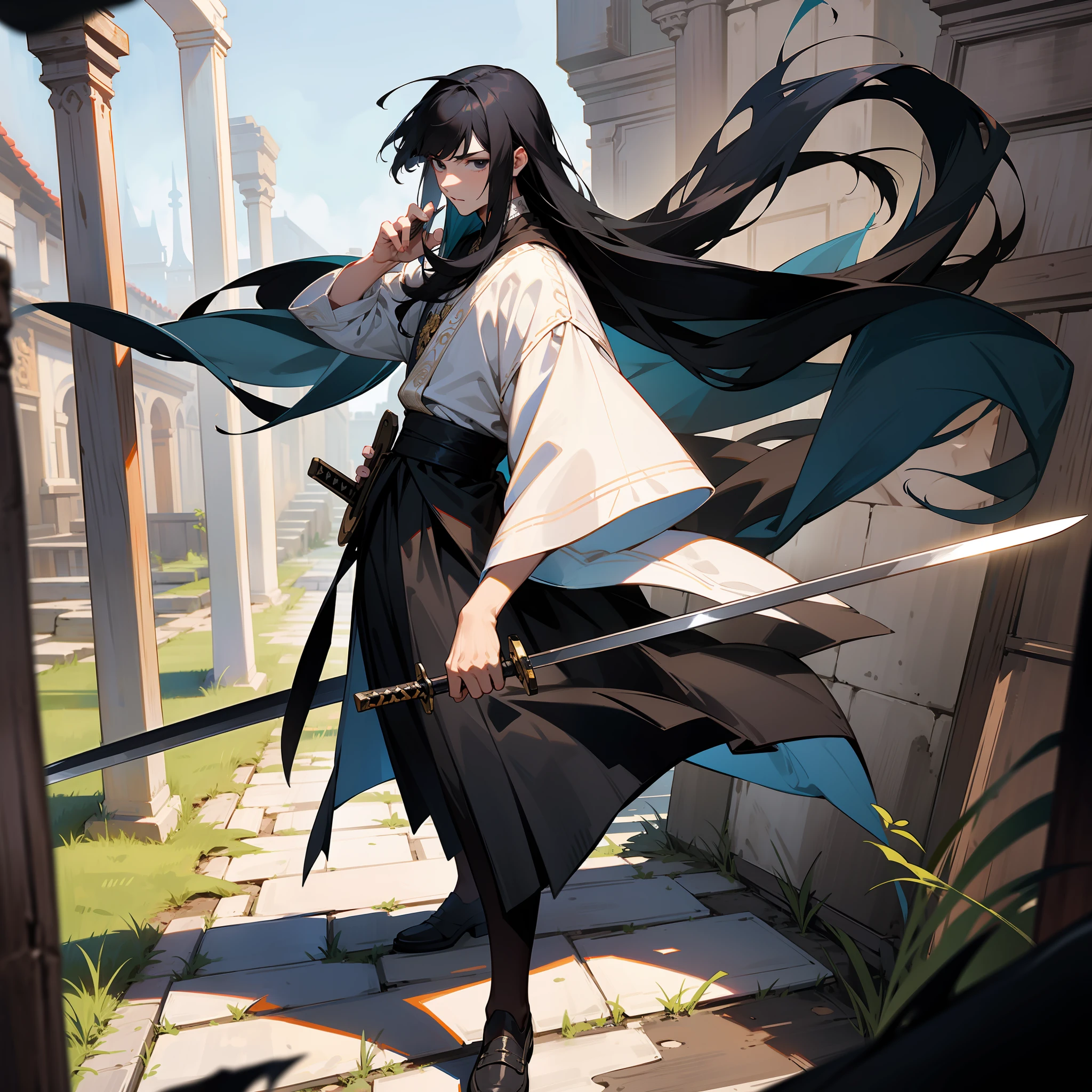 Black period costume,Holding a long sword in his hand,Walk in the ancient alleys,Male youth,Long Black Hair ,Black eyes,Male face,The expression is resolute,The sky is bright,Messy bangs,