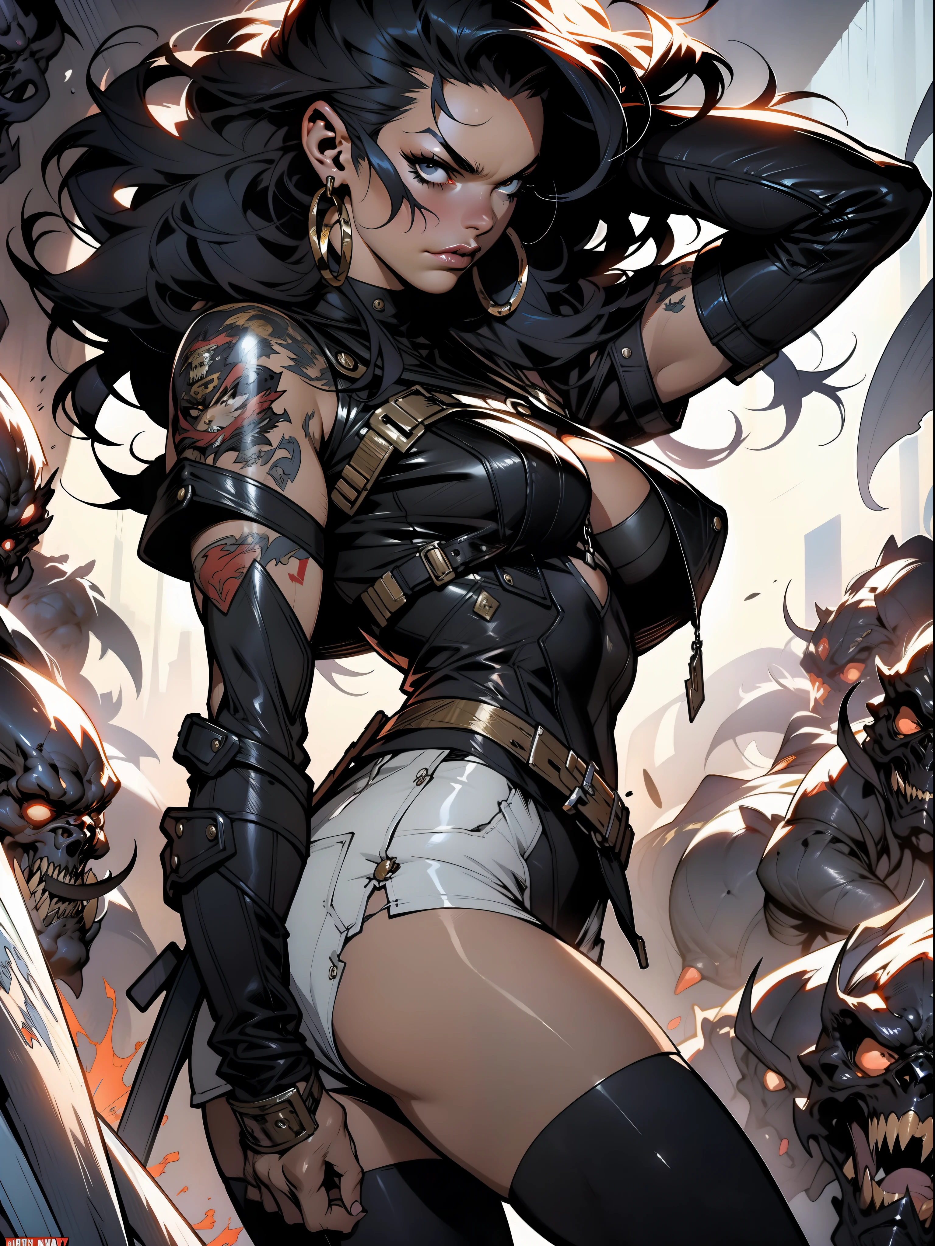 Uma guerreira mulher de 35 anos musculosa quase nua no estilo Simon Bisley para a capa da revista Heavy Metal, cabelo metade preto metade branco, Minimum clothing, Roupas curtas,