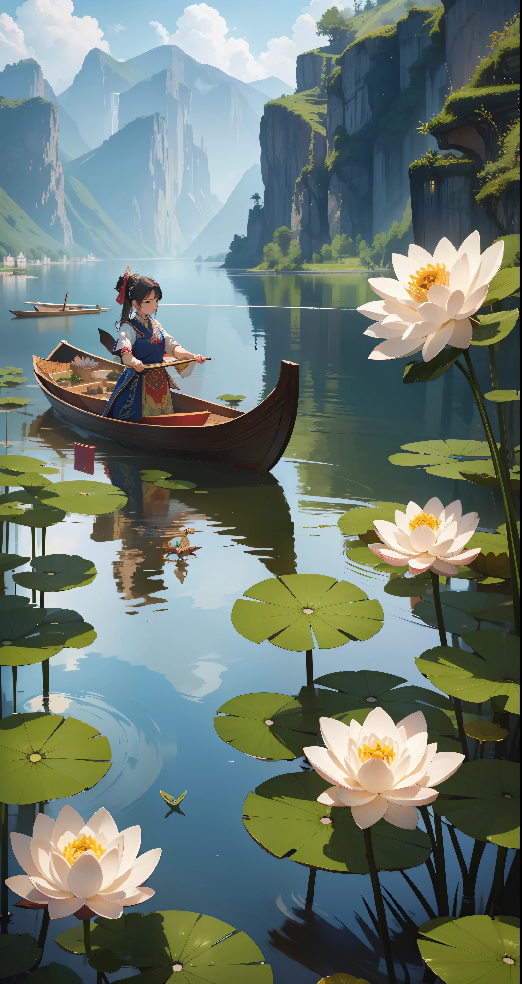 best picture quality，Hyper-Detailed，Masterpiece level，Exquisite details，High resolution 8k wallpaper，Dragon Boat Festival，rice dumpling，artistic conception，lotus，water bloom，Depicting a scene of a dragon boat，There are many vistas，Traditional costumes are embellished。