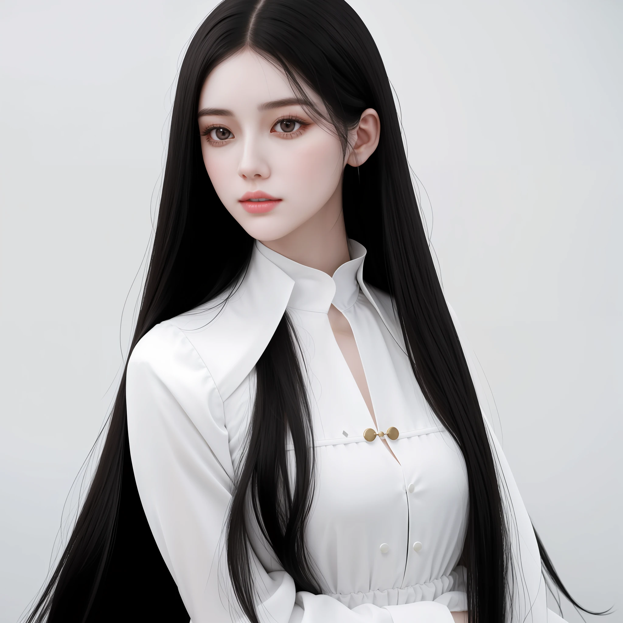 a close up of a girl with long black hair and a white dress, detailed long black hair, white long straight hair, pale milky white porcelain skin, pale porcelain white skin, with straight black hair, long thin black hair, long raven hair, with long dark hair, pale snow white skin, beautiful and detailed face, stunning beauty,hide her hands, sensual face without revealing her body, anatomically correct face, no flaws,only one girl in the image,no deformities, brown eyes , nothing on her hair