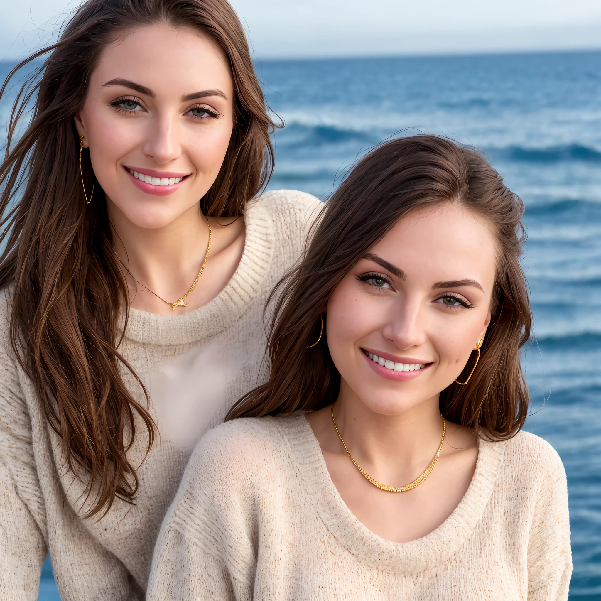 ((extreme close up)) of a stunningly beautiful young woman, face, pale, head shot, nice smile, in a knit sweater, stunning gold necklace, on a yacht at sea, .RAW, 8k, tmra, nature light, sharp focus, stunning face, nice eyes, fujifilm xt3