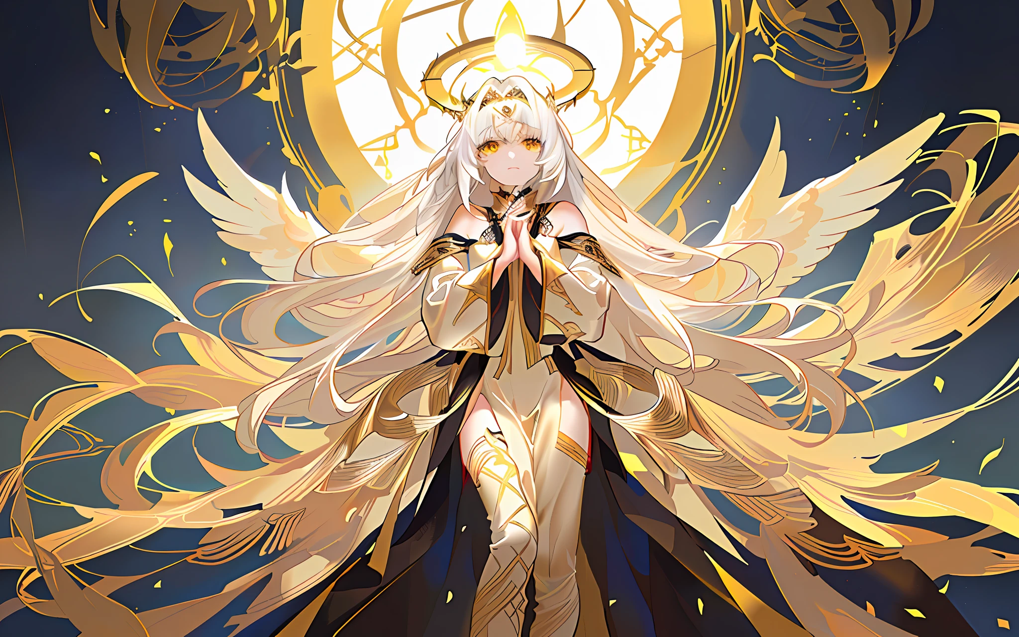 best,a masterpiece),(1girl,solo,Gold-patterned robes,Stand,Look ahead,The aura of the halo,golden wings,Put your hands together,White hair,Yellow eyes,Closed Mouth,upper half body) ,(cloudless sky,smoke,Beam,Abandoned temple background)