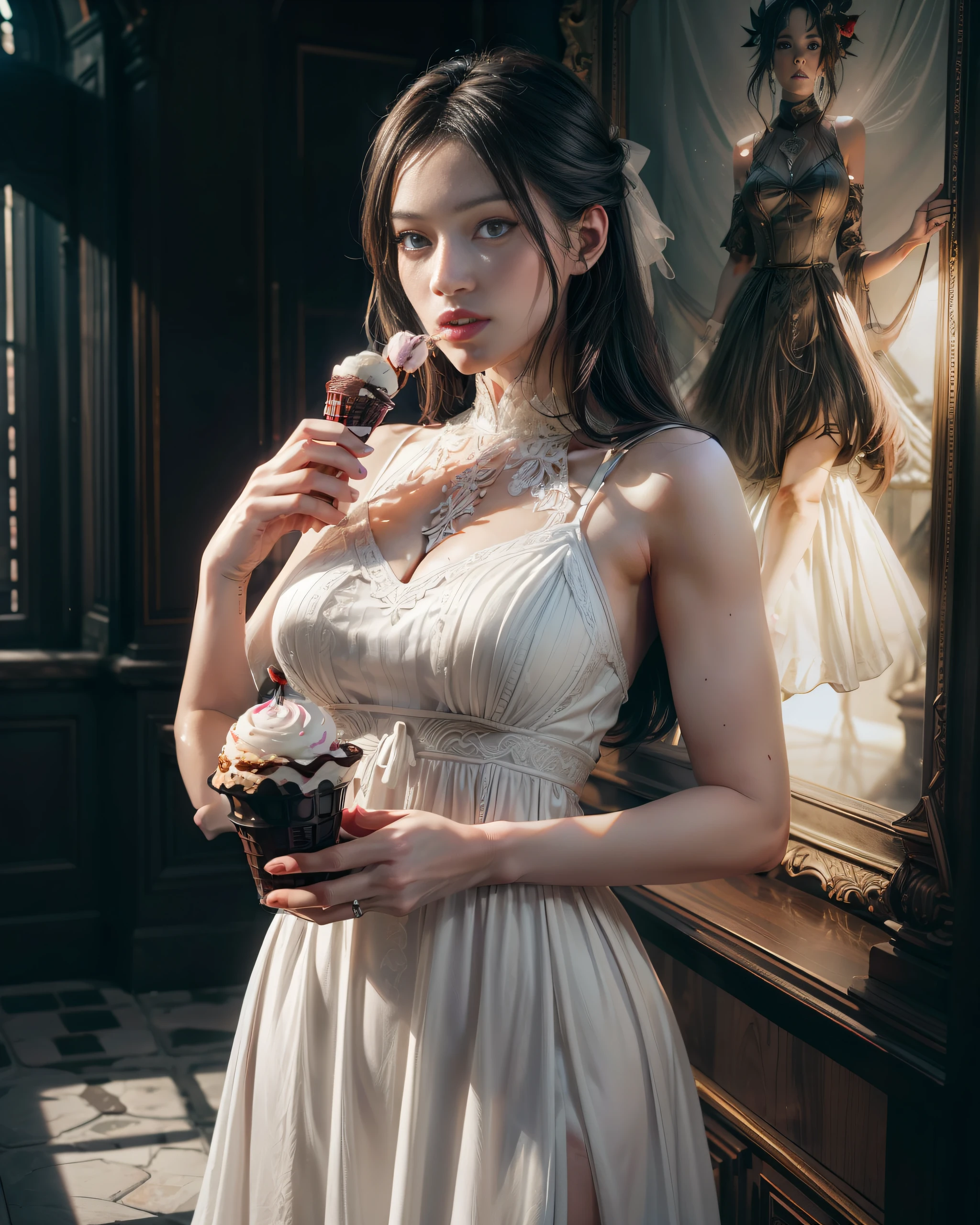 Lucifer in a long white dress eating a black cherry ice cream cone, the ice cream is melting, ultra detailed, highly detailed scenario, photorealistic, intricate, masterpiece, UHD, HDR, symmetric, coherent, epic detail, stunning, beautiful, ,lumen render ,lumen path tracing ,path tracing light ,path tracing shadow ,path tracing special fx,