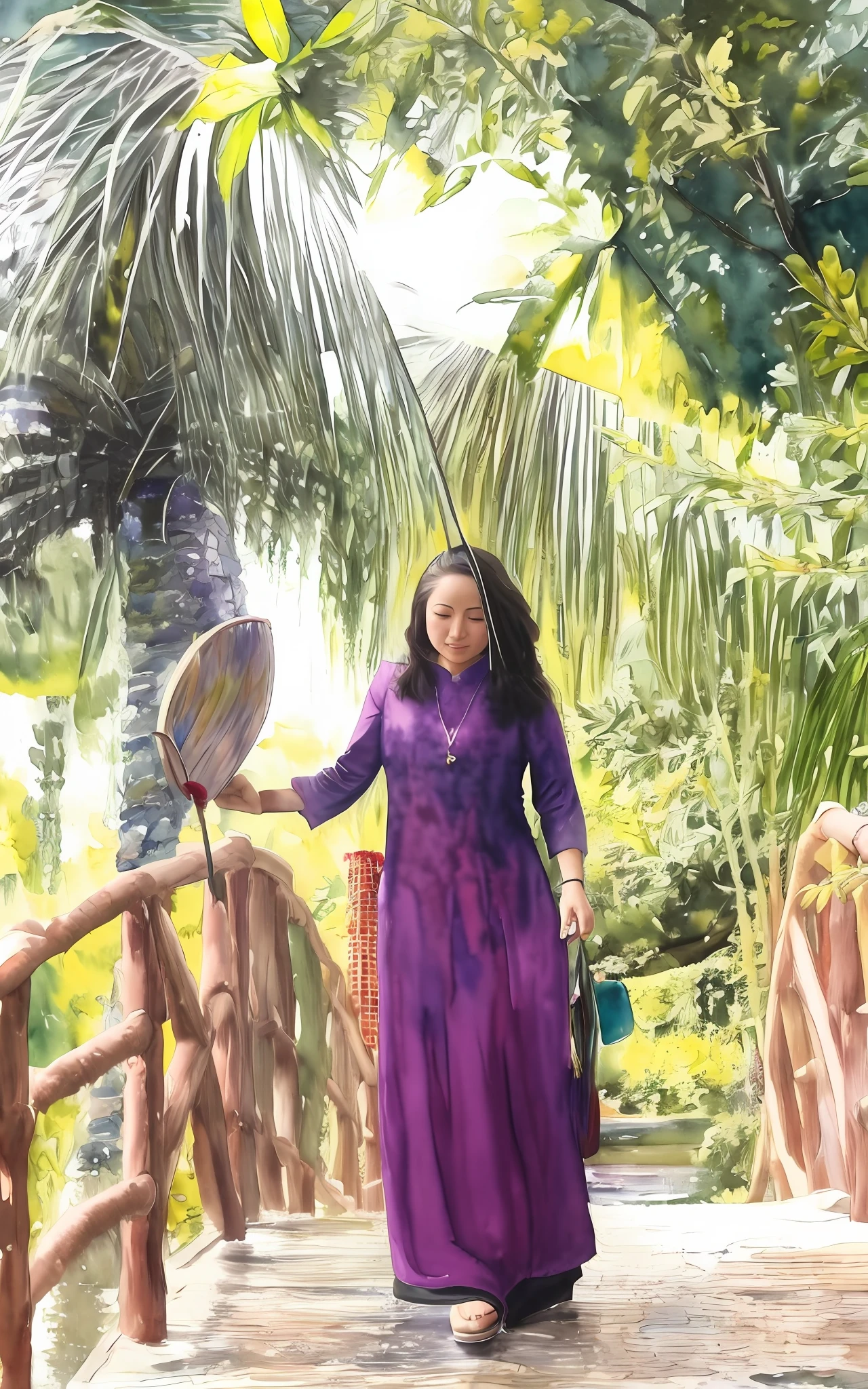 ((((((water color)))))), ((look at the camera, look at the viewer)), turn toward the camera, portrait, a woman in purple aodai standing on a wooden bridge near a palm plantation, one hand hold a straw hat, in the style of ceramicist storyteller, dao trong le, associated press photo, art, color water, dreamy, joyful and optimistic, wear palm-leaf conical hat, international gothic, traditional costumes, aminollah rezaei, surrealistic, dreamy, masterpiece, vibrant, best quality, ((((((oil painting))))))