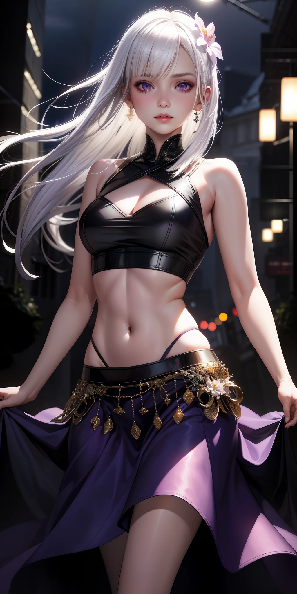 realistic, 1girl, white hair, purple eyes, glowing eyes, crop top, skirt, parted lips, blush, night, flowers, sun, sunlight,