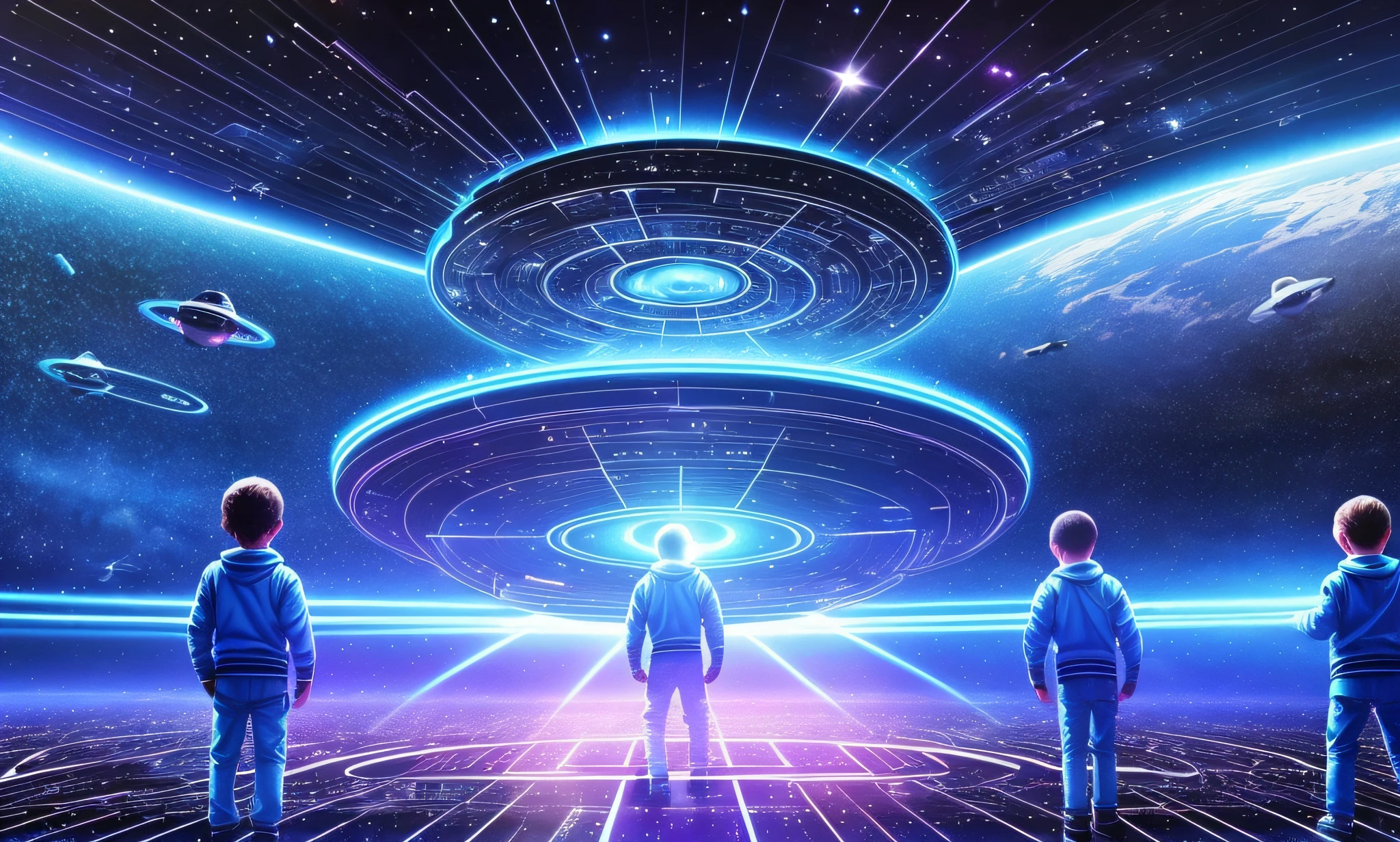 several children with bluish lights coming out of their bodies, coming from space towards planet earth, inside a large extraterrestrial mother ship, cinematic, futuristic, 8k resolution, hyper realistic, (:1.6) --auto --s2