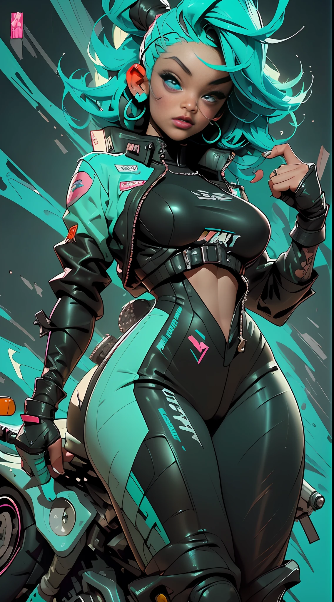 ((Best Quality)), ((Masterpiece)), ((Realistic)) and ultra-detailed photography of a 1nerdy girl with goth and neon colors. She has ((turquoise hair)), wears a techwear jacket and exudes a vibe ((beautiful and aesthetic)),(big open boobs), sexy,  ( racing on motorbike :1.4), racing girl,speed racer, detailed sports motorbike,