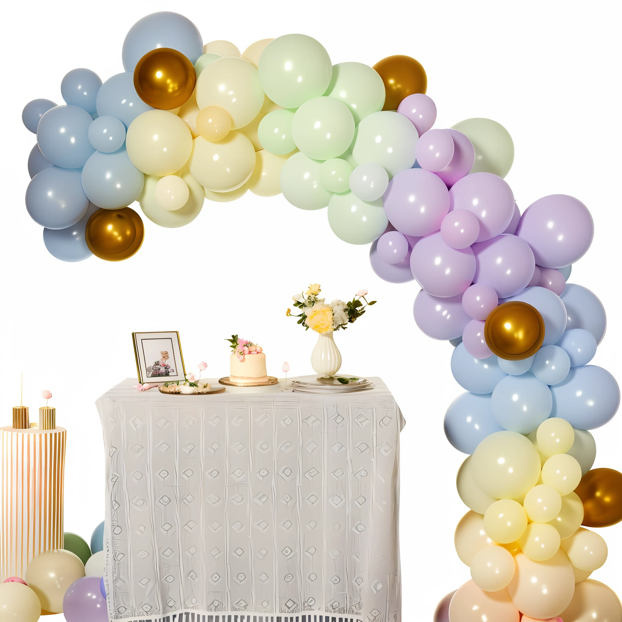 The background is dominated by black，There is a table, There was a bunch of balloons and a cake inside, deco, pastel overflow, party balloons, balloons, product introduction photos, pastels, baloons, balloons, product introduction photos, pastels', deco, arc, arch, multi pastel colors, full subject shown in photo, pastel colors only, the background, pastel rainbow, subdued colors,  Soft colors, 16k, ultra HDR, Bestquality
