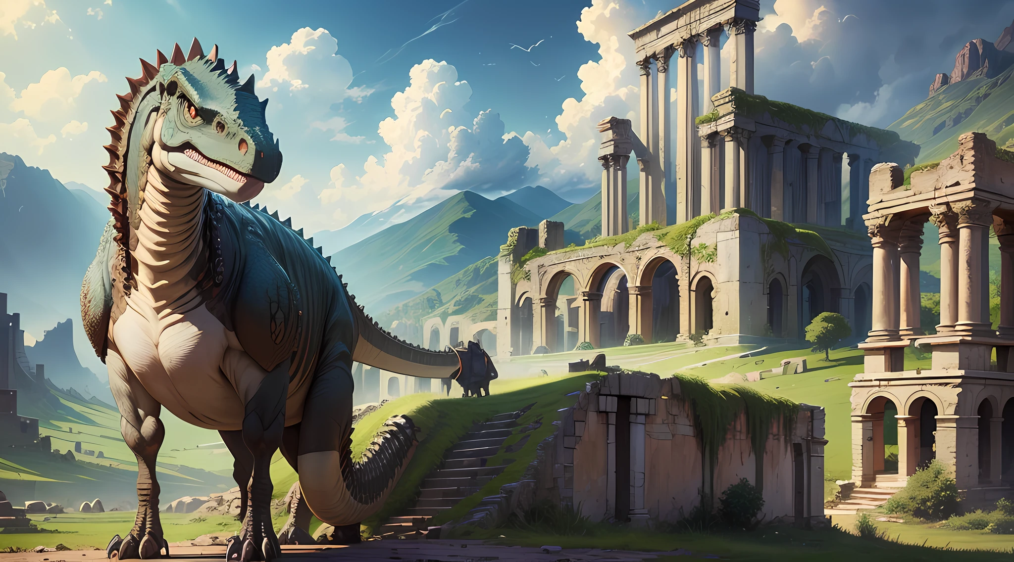 (Masterpiece, Highest Quality, Best Quality, Official Art, Aesthetics :1.2), a dinasour, intricate details, landscape, ancient ruins background, detailed