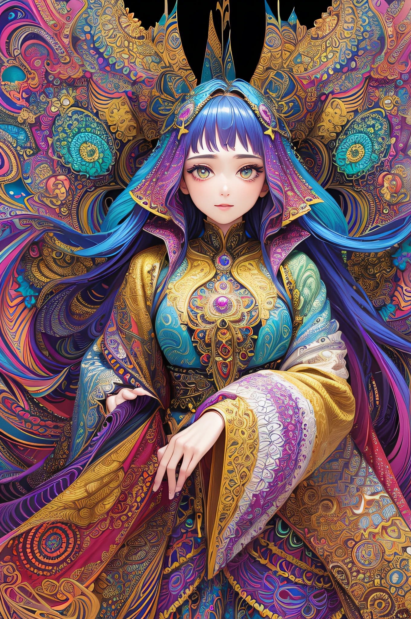 (masterpiece, top quality, best quality, official art, beautiful and aesthetic:1.2), (1girl:1.3), extremely detailed,(fractal art:1.2),colorful,highest detailed,(zentangle:1.2), (dynamic pose), (abstract background:1.5), (treditional dress:1.2), (shiny skin), (many colors:1.4), upper body