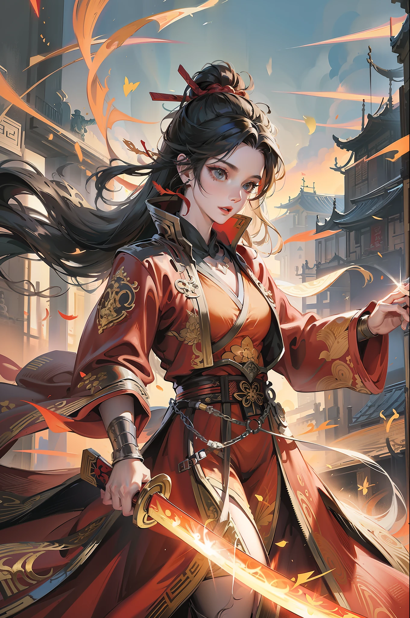 Chinese style, ancient battlefield, an ancient Chinese female general, holding a sword in her hand, grim expression, full body, amazing facial features, red robe, armor, boots, yellow sand in the sky, fleeing crowd, firelight, game model, stunning lighting, C4D, OC rendering, cinematic edge light, delicate light, masterpiece, super detailed, epic composition, super HD, high quality, highest quality, 32k