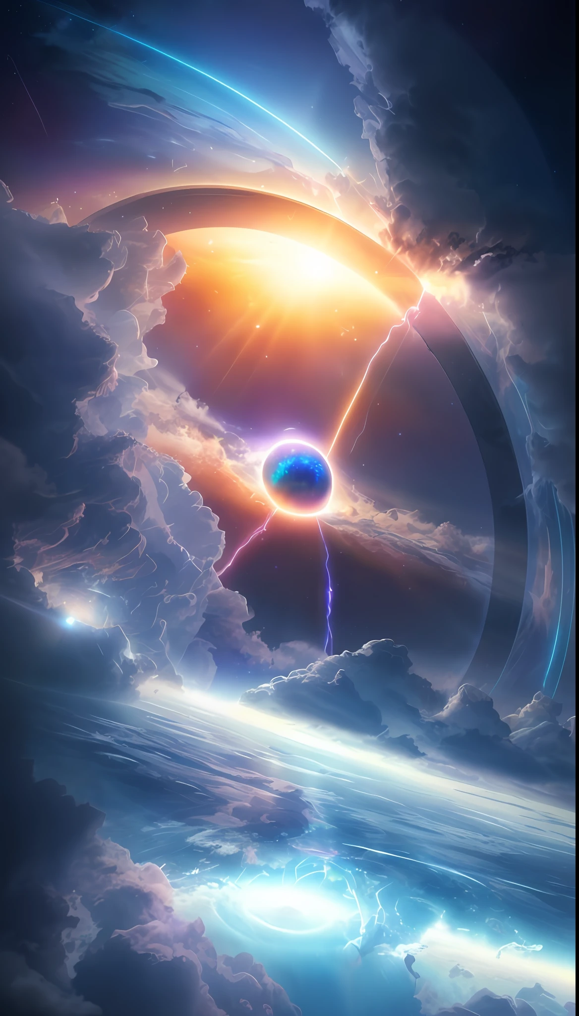 a picture taken from a space station shows a large circular object in the sky, magic portal in the sky, spirits coming out of portal, portal to outer space, majestic interstellar portal, interstellar infinity portal, depicted as a scifi scene, portal in space, portal to another universe, interstellar stormy bright sky, ring in the sky, celestial collision