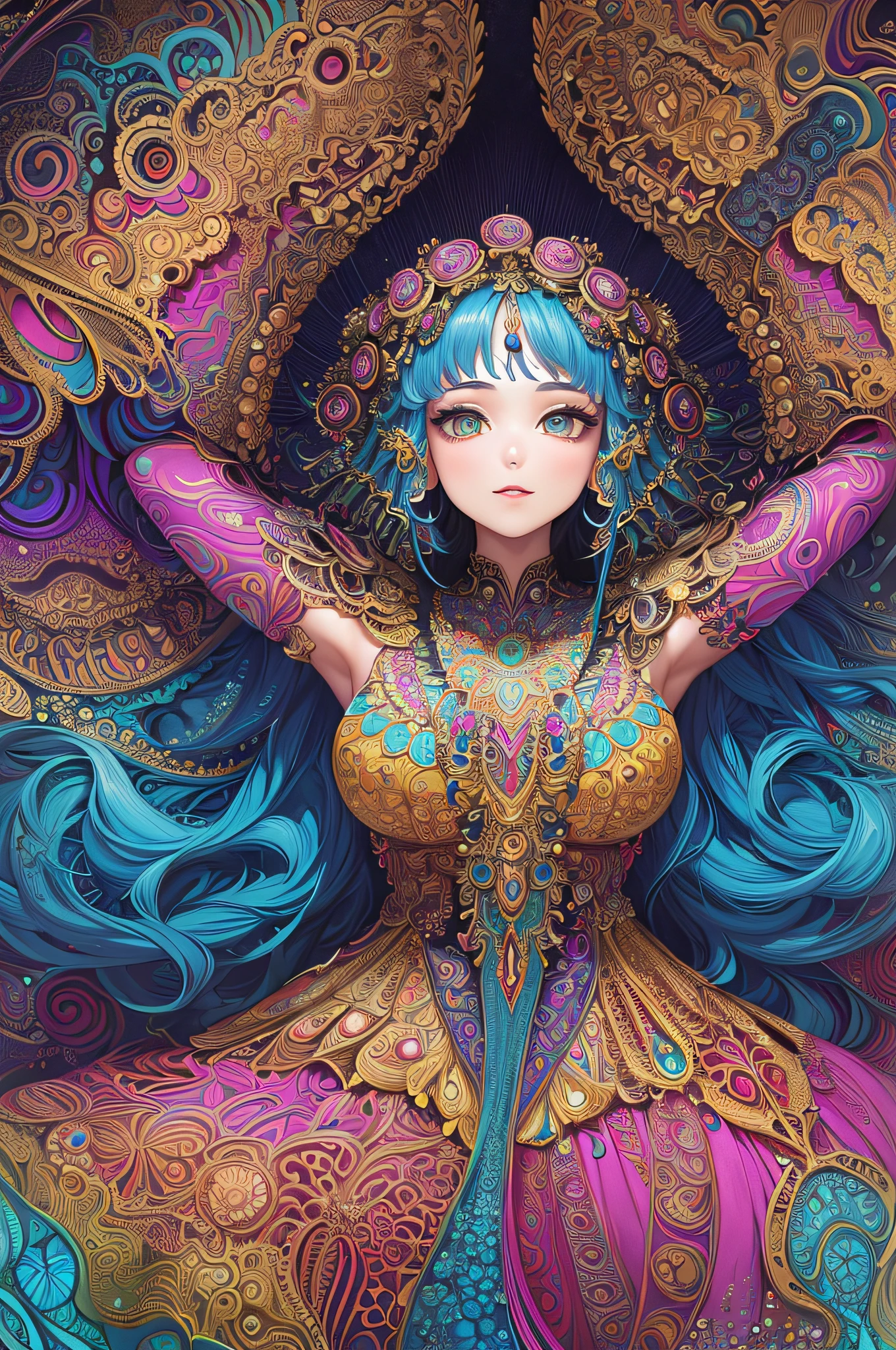 (masterpiece, top quality, best quality, official art, beautiful and aesthetic:1.2), (1girl:1.3), extremely detailed,(fractal art:1.2),colorful,highest detailed,(zentangle:1.2), (dynamic pose), (abstract background:1.5), (treditional dress:1.2), (shiny skin), (many colors:1.4), upper body