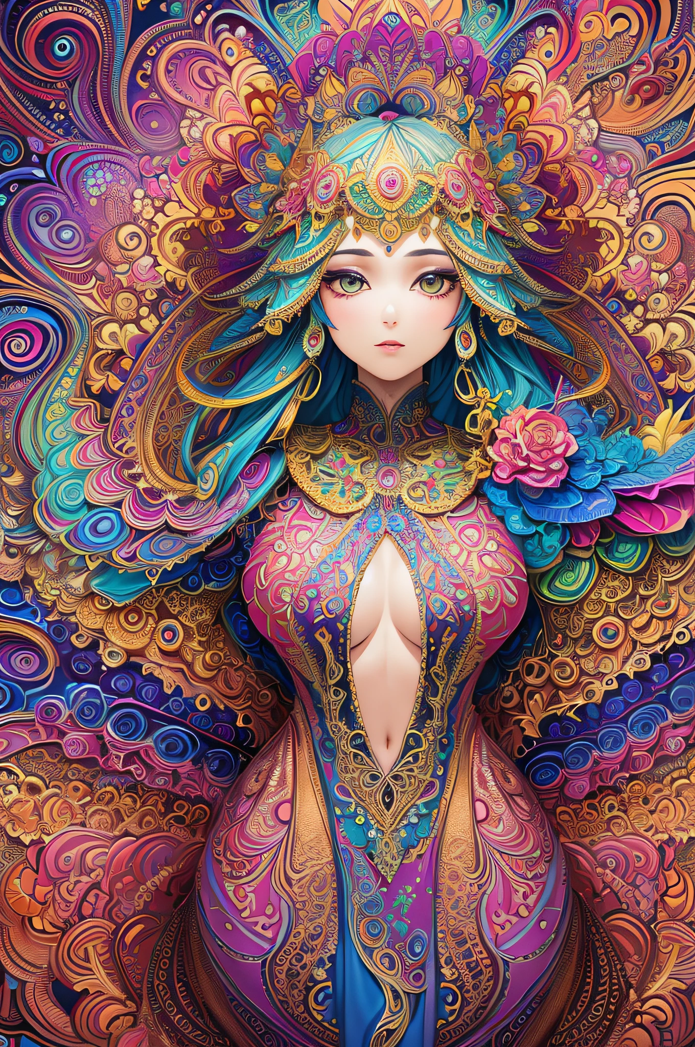(masterpiece, top quality, best quality, official art, beautiful and aesthetic:1.2), (1girl:1.3), extremely detailed,(fractal art:1.2),colorful,highest detailed,(zentangle:1.2), (dynamic pose), (abstract background:1.5), (treditional dress:1.2), (shiny skin), (many colors:1.4), upper body