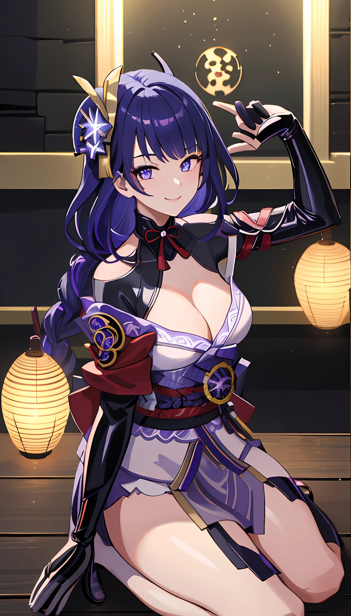 (Masterpiece), (Best quality), (Very detailed), 4k, girl, {Raiden Shogun}, Korean woman, shoulder exposure, shoulder smooth texture latex, coveted smile, anime feel, evil devil, {black painting}, {Teasing Smile},{Teasing Smile},High Quality, Clear Picture,(High Saturation),(Glowing), Best Lighting, Best Shadows,