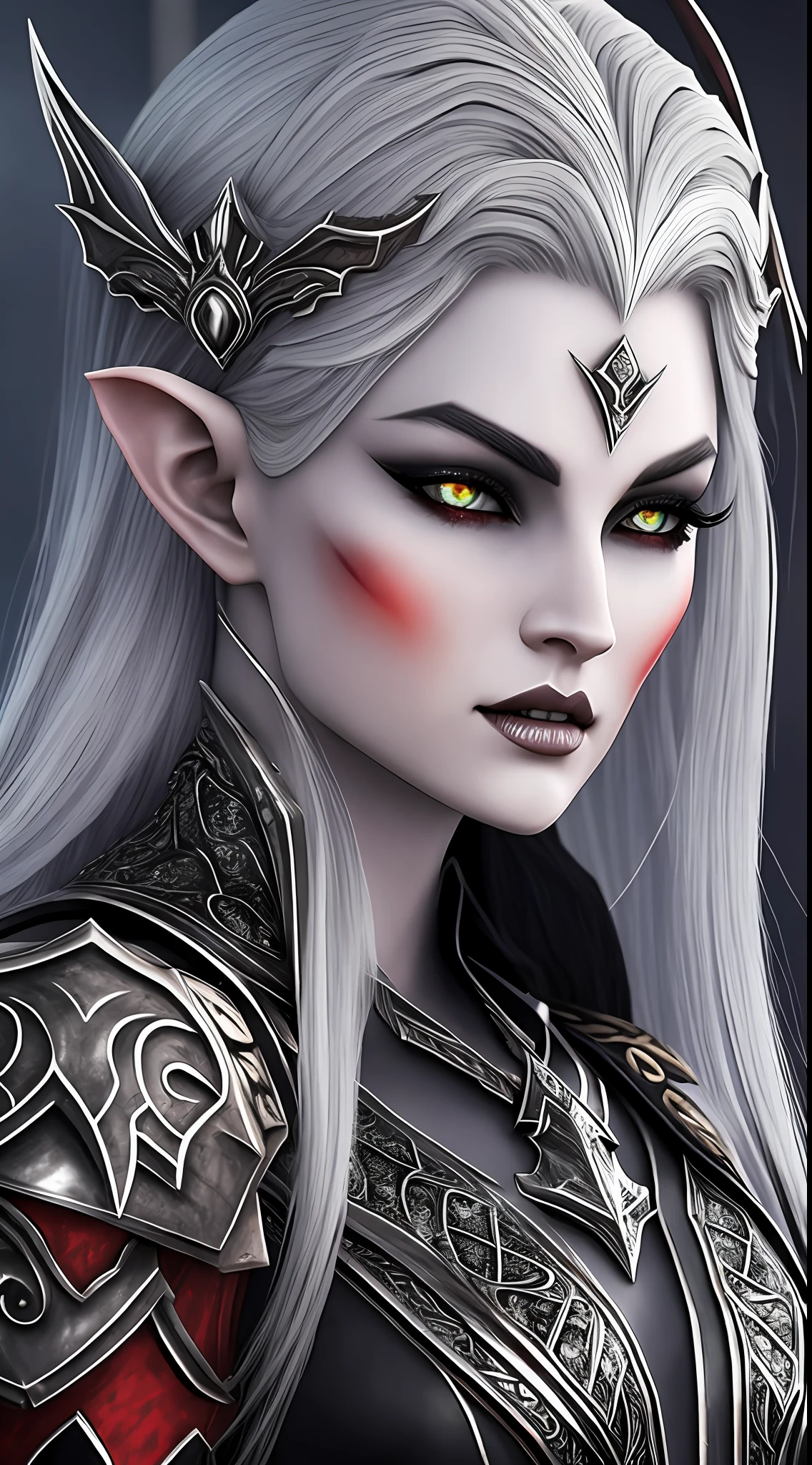 Valdrac, o Soberbo: Valdrac is an imposing dark elf, de estatura alta e elegante. Her silver hair cascades down to her shoulders, contrasting with her pale skin and piercing red eyes. Ele veste uma armadura negra ornamentada com runas douradas, emanando um brilho sinistro. --auto --s2