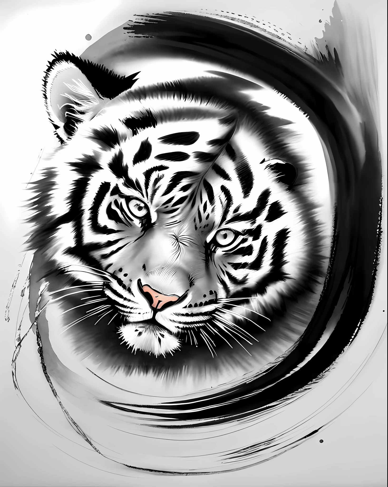 Tiger, olhos dourados, zydink, monochrome, ink sketch, mar, onda, (respingo de tinta abstrata:1.4)