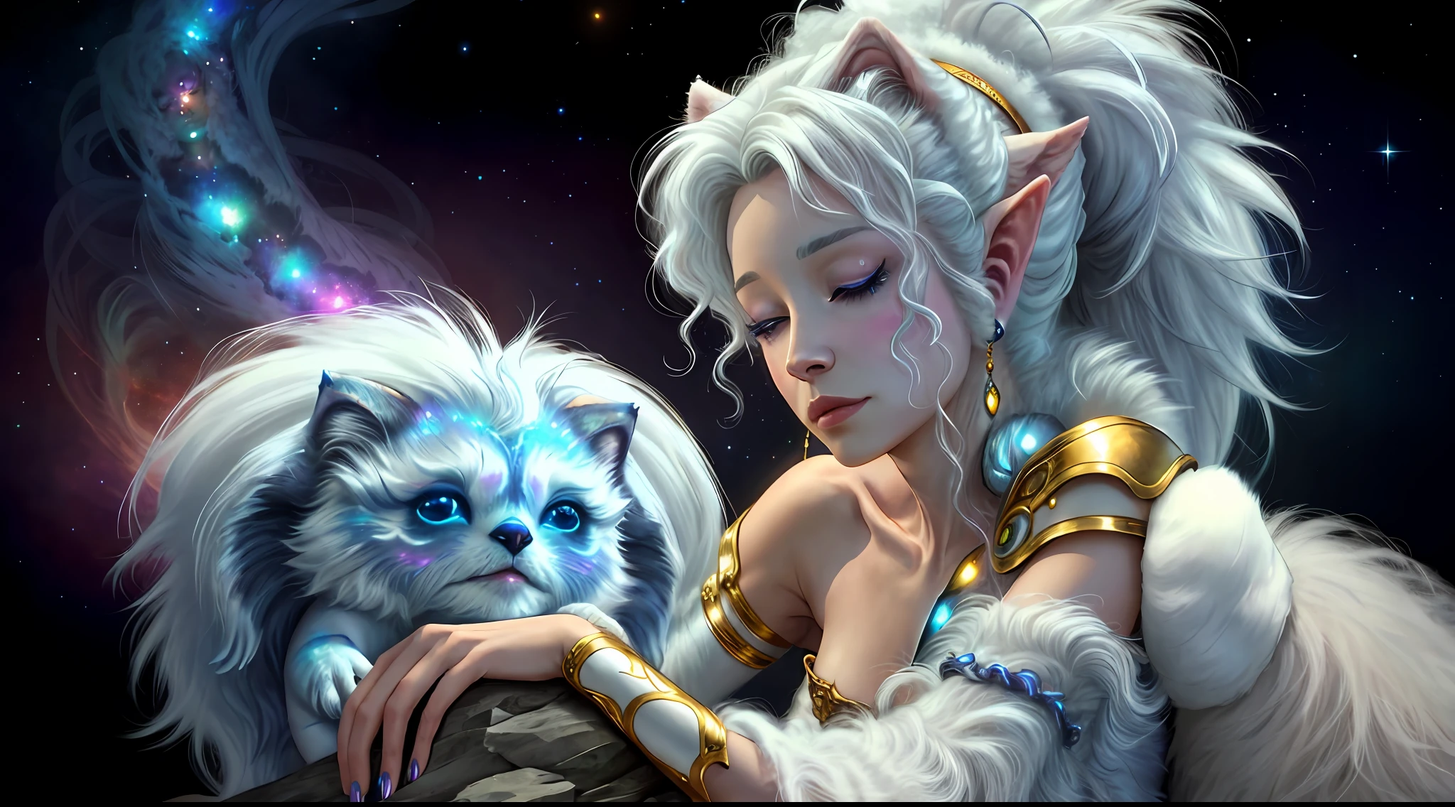 breathtaking masterpiece, best quality, highest quality, highly detailed, exquisite, award winning 8K digital painting of an ethereal and (incredibly beautiful female alien:1.4) with luminescent body parts that shimmer like stardust (lying gracefully on a steep cliff:1.2), casting a watchful gaze over (the galaxy:1.33), (a fluffy creature rests on her shoulder:1.8), intricate details, golden ratio, BaroqueAI, v0id3nergy, by Louis Royo