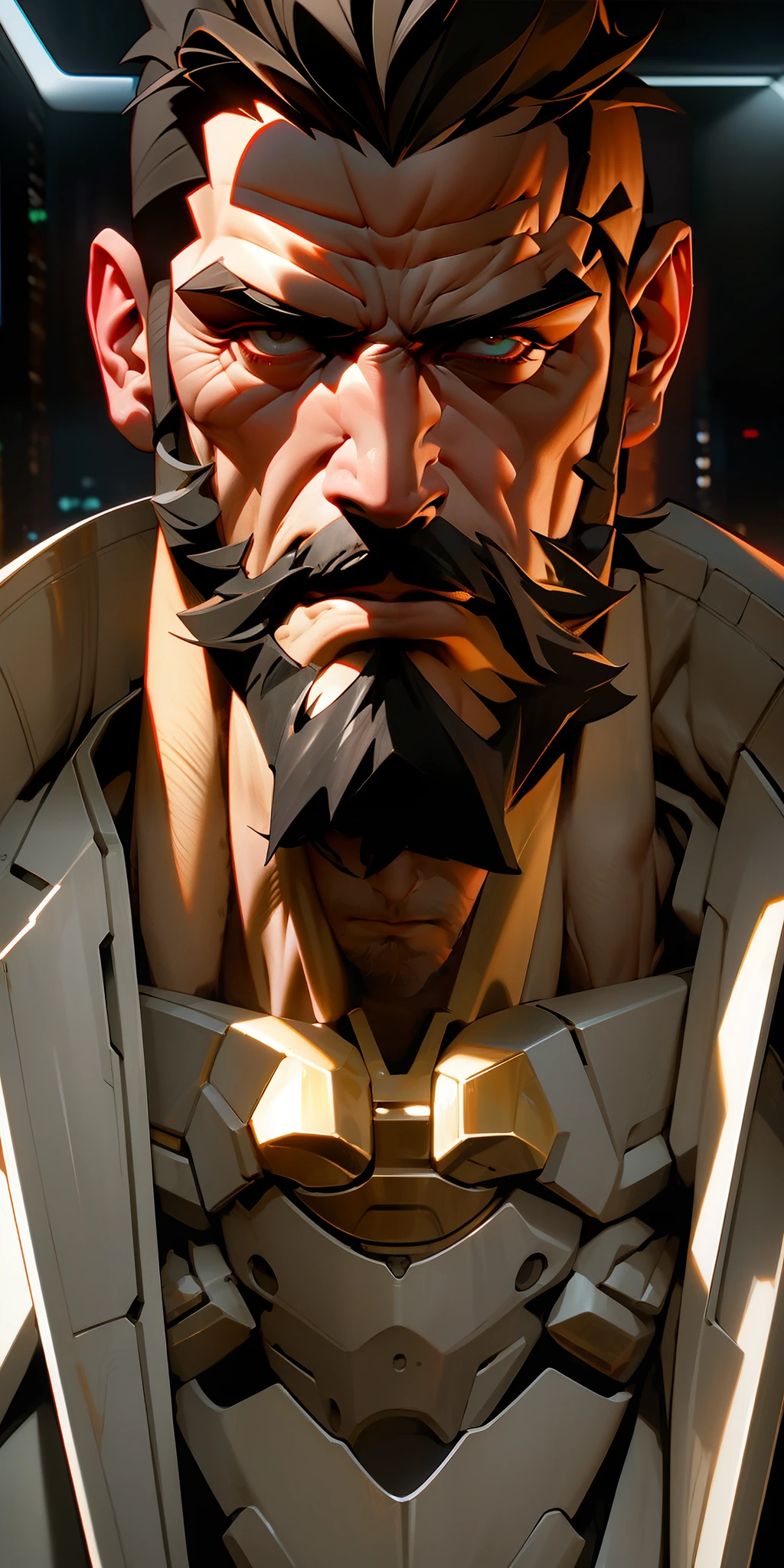 cyberpunk film, raw photo of man with beard, 3/4, soldier, armor, tough guy, chiselled jaw, gigachad, close up, half face, deep night, dark room, hight quaility, detailed skin, clear face, detailed hair, cinema shot, hdr, sharp focus