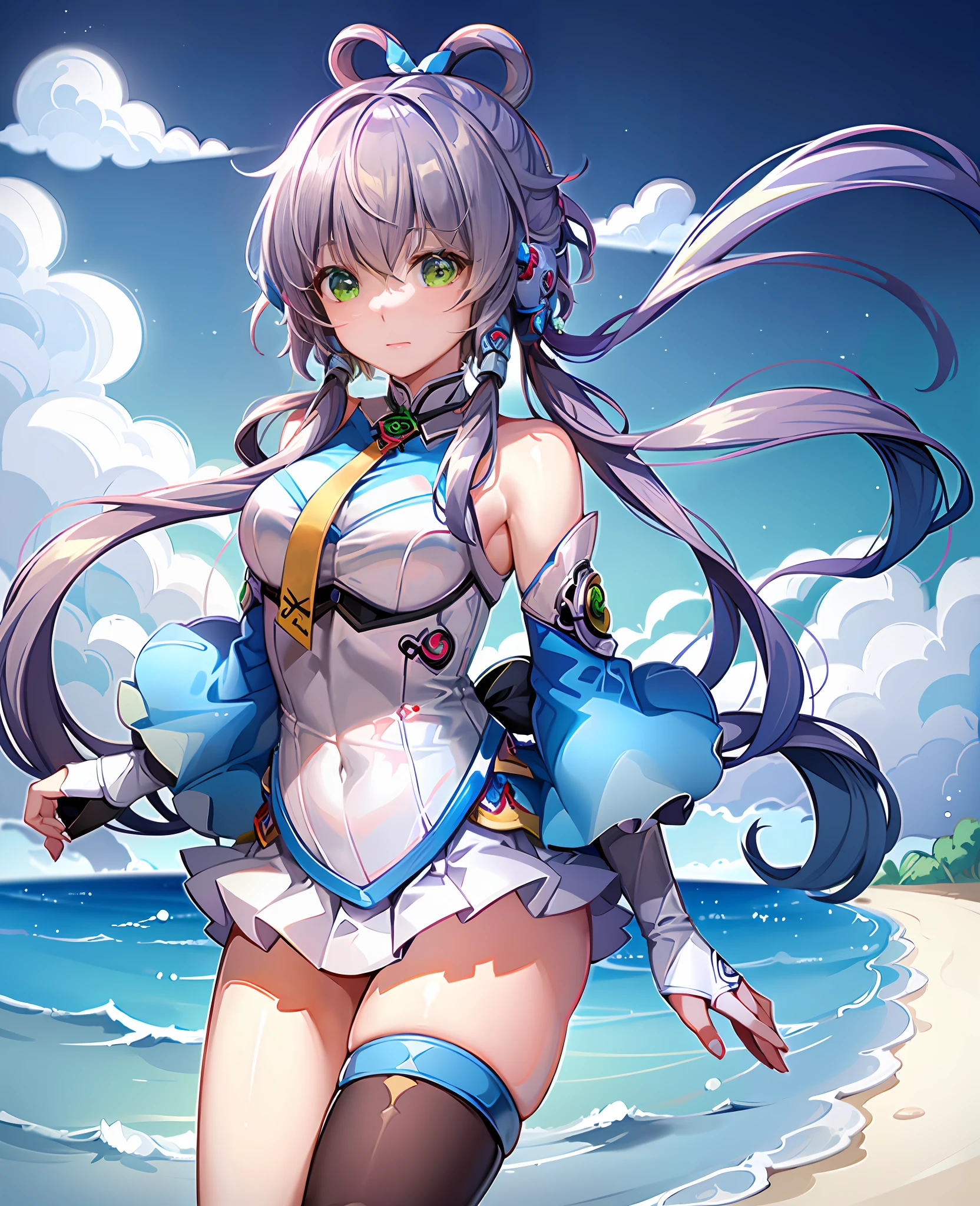 ((a masterpiece、)), (((Bestquality))), ((extremely detailed)), ywllow bikini，colorful，，, hdr, 1 One Girl, solo, luotianyi (koushiki), (koushiki thighhighs:1.2),，，swimsuit，ywllow bikini