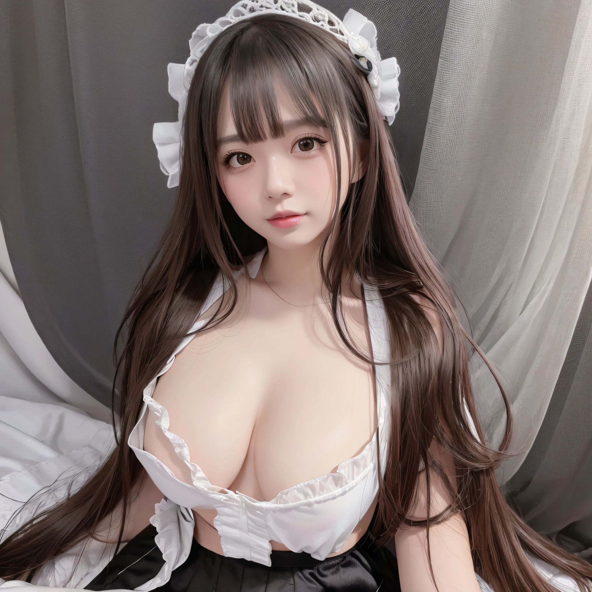 a masterpiece,the best quality,(Detailed Background),high contrast,1,, bit girl,full entire body,(with a white background:1.5),Clean line drawings, morena,Maid outfit,Open your chest, very long hair,in bed, The best quality, blushing, looks at the viewer,Big temptation,Plump body,8K,Open-chest outfit sexy