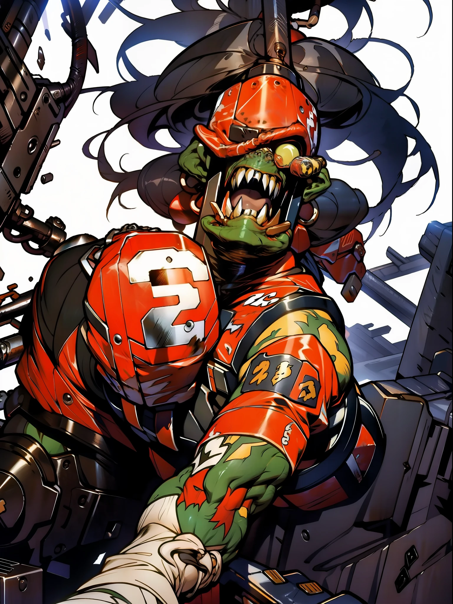 Uma guerreira mulher de 35 anos musculosa quase nua no estilo Simon Bisley para a capa da revista Heavy Metal, cabelo metade preto metade branco, Minimum clothing, Roupas curtas,